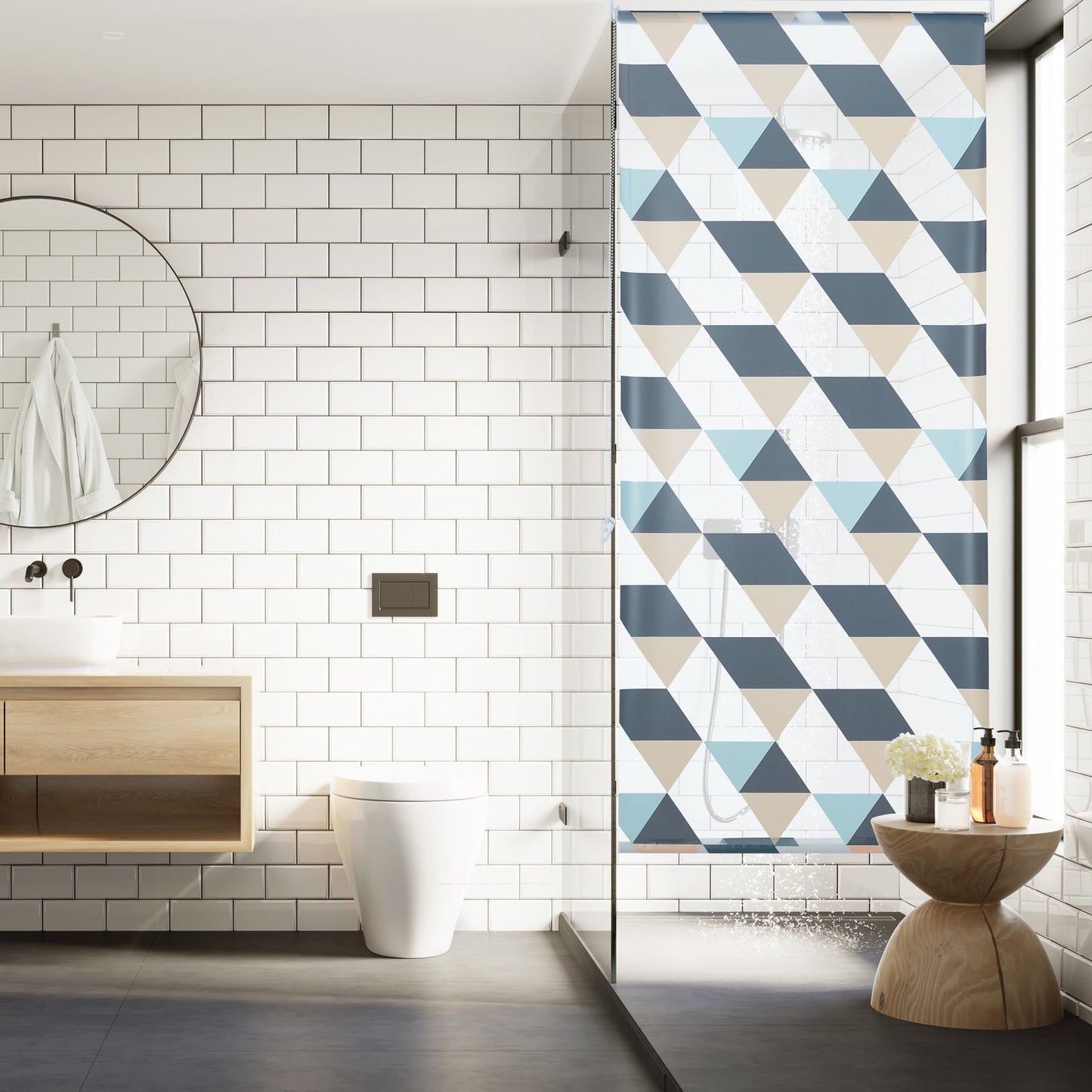 Water-Repellent Bath Roller Blind, Geometric Design