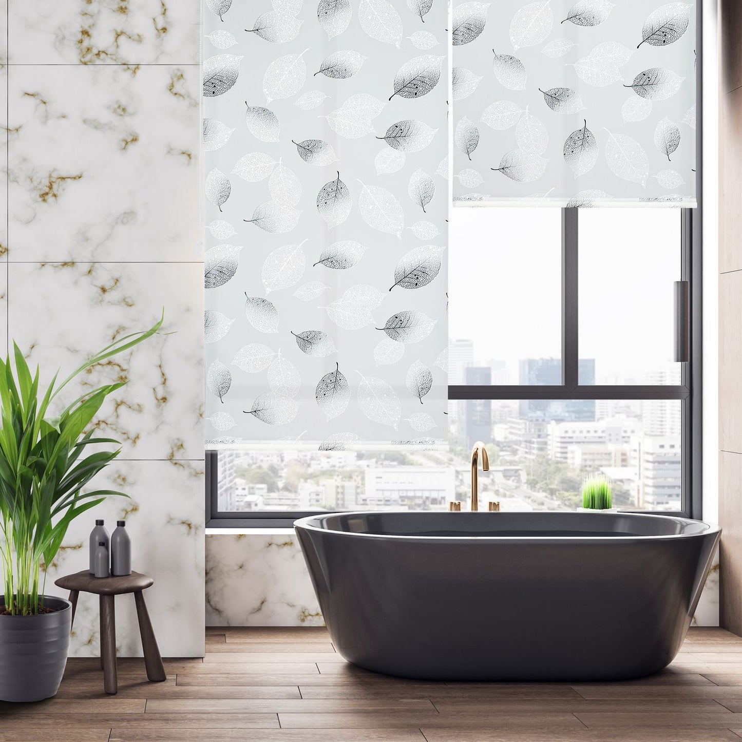 Water-Repellent Leaf Pattern Roller Blind for Bathroom