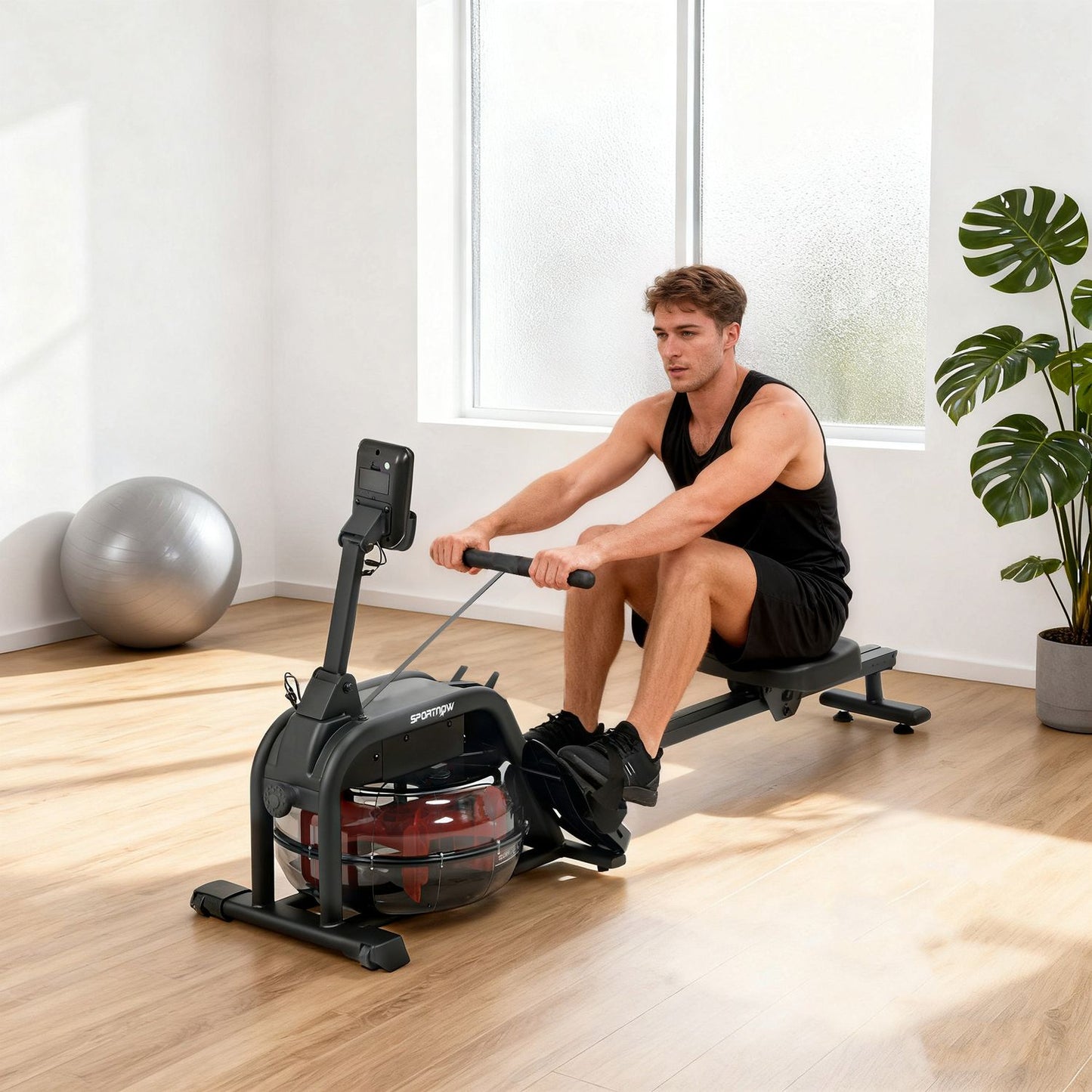 Water Rowing Machine, 6-11L Tank, LCD Monitor, 135kg Capacity