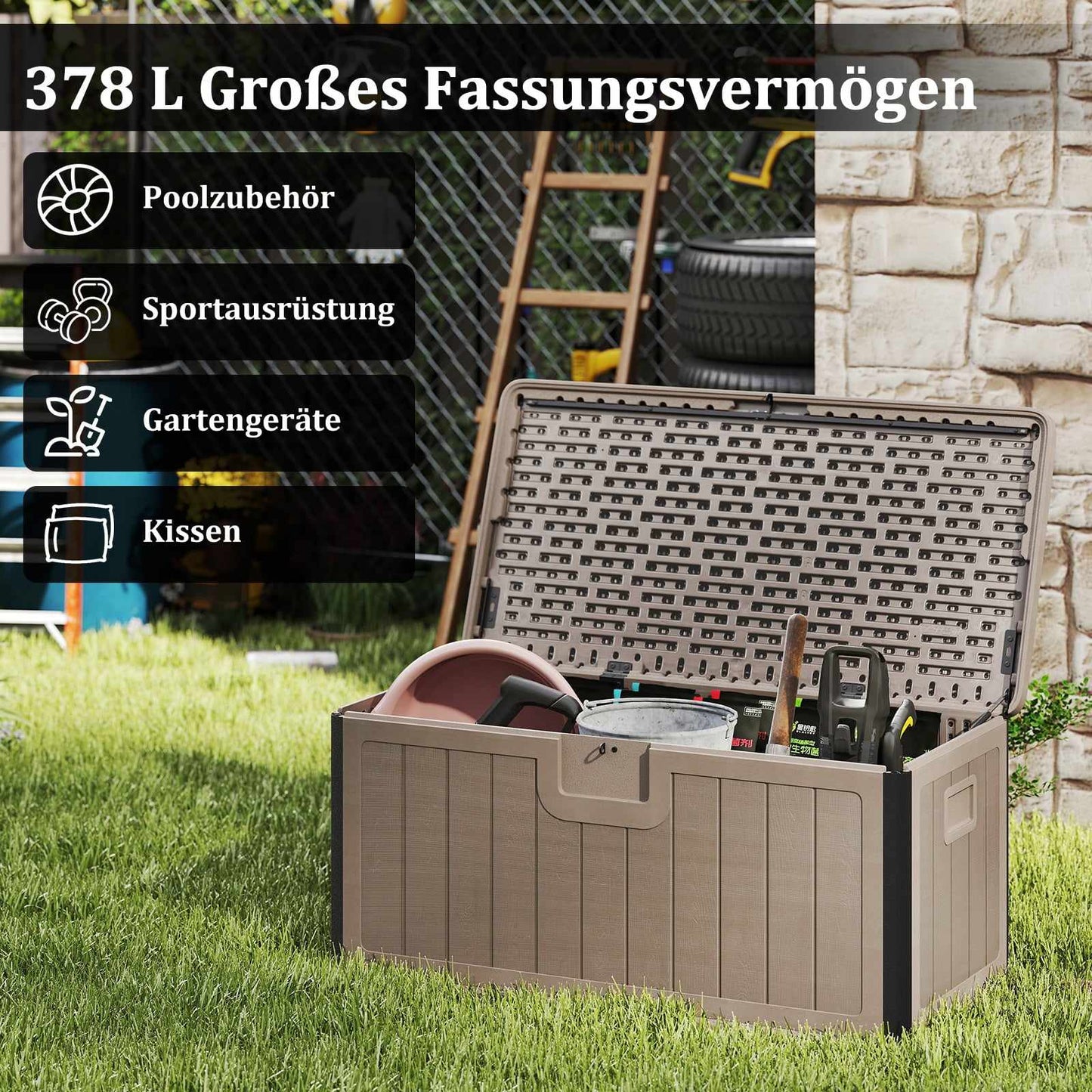 Waterproof 378L Garden Storage Box with Lockable Lid