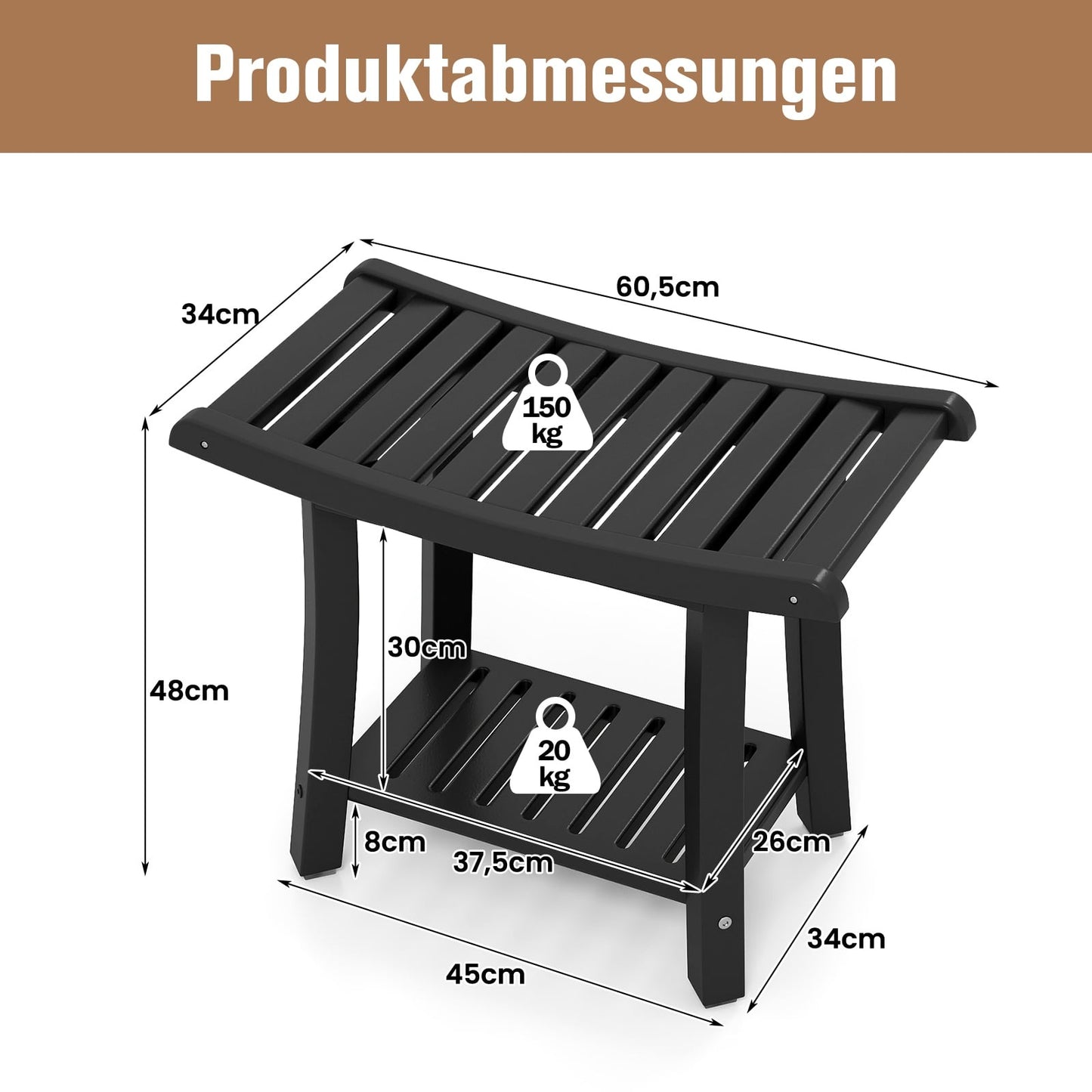 Waterproof Shower Bench, Curved Seat, Black, 2-Tier Storage