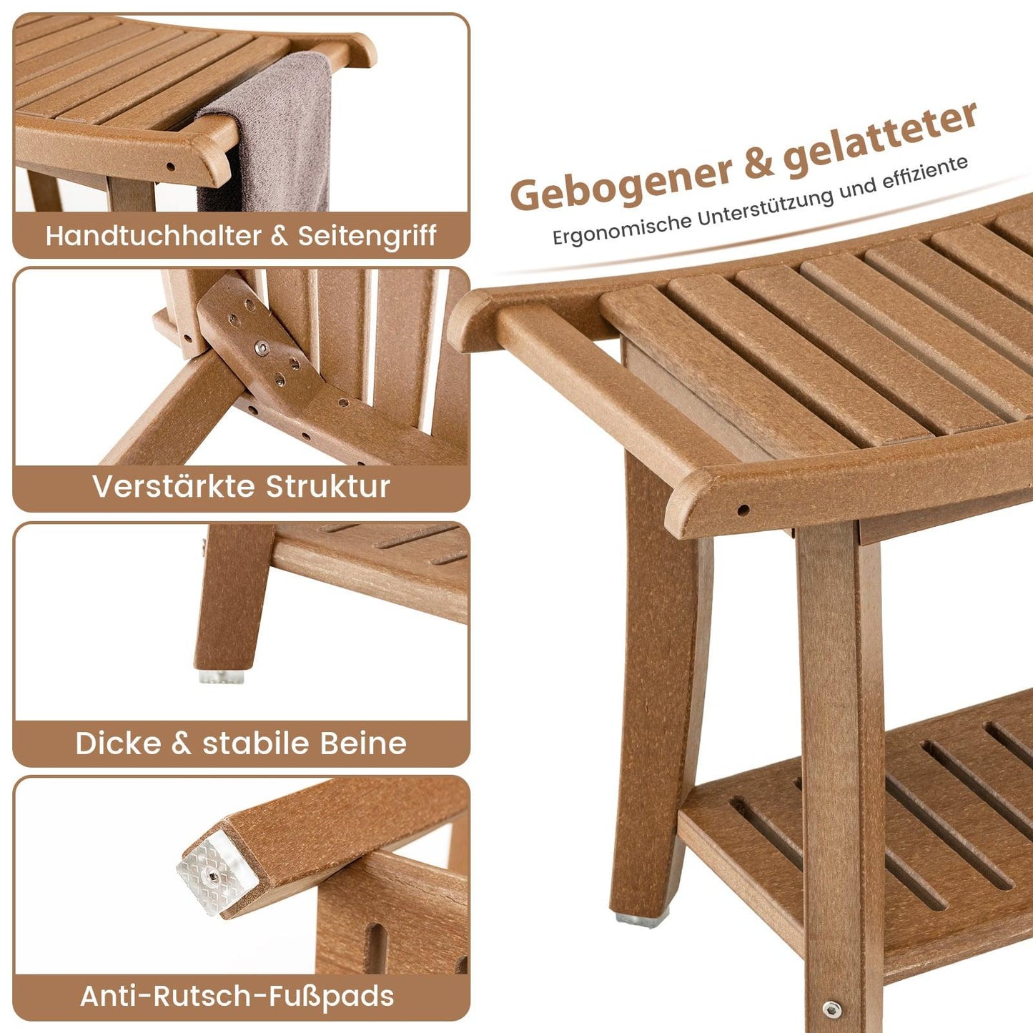 Waterproof Shower Bench with Curved Seat, 2-Tier Storage