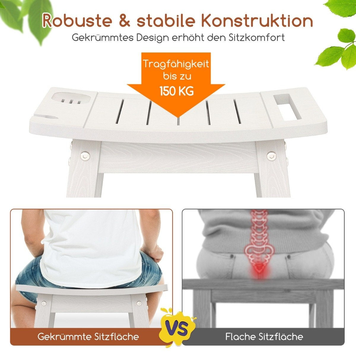 Waterproof Shower Stool with Handle & Shelf, 150kg Capacity