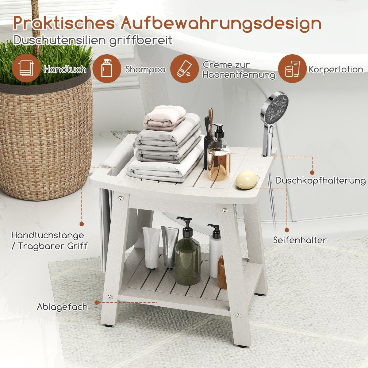 Waterproof Shower Stool with Handle & Shelf, 150kg Capacity