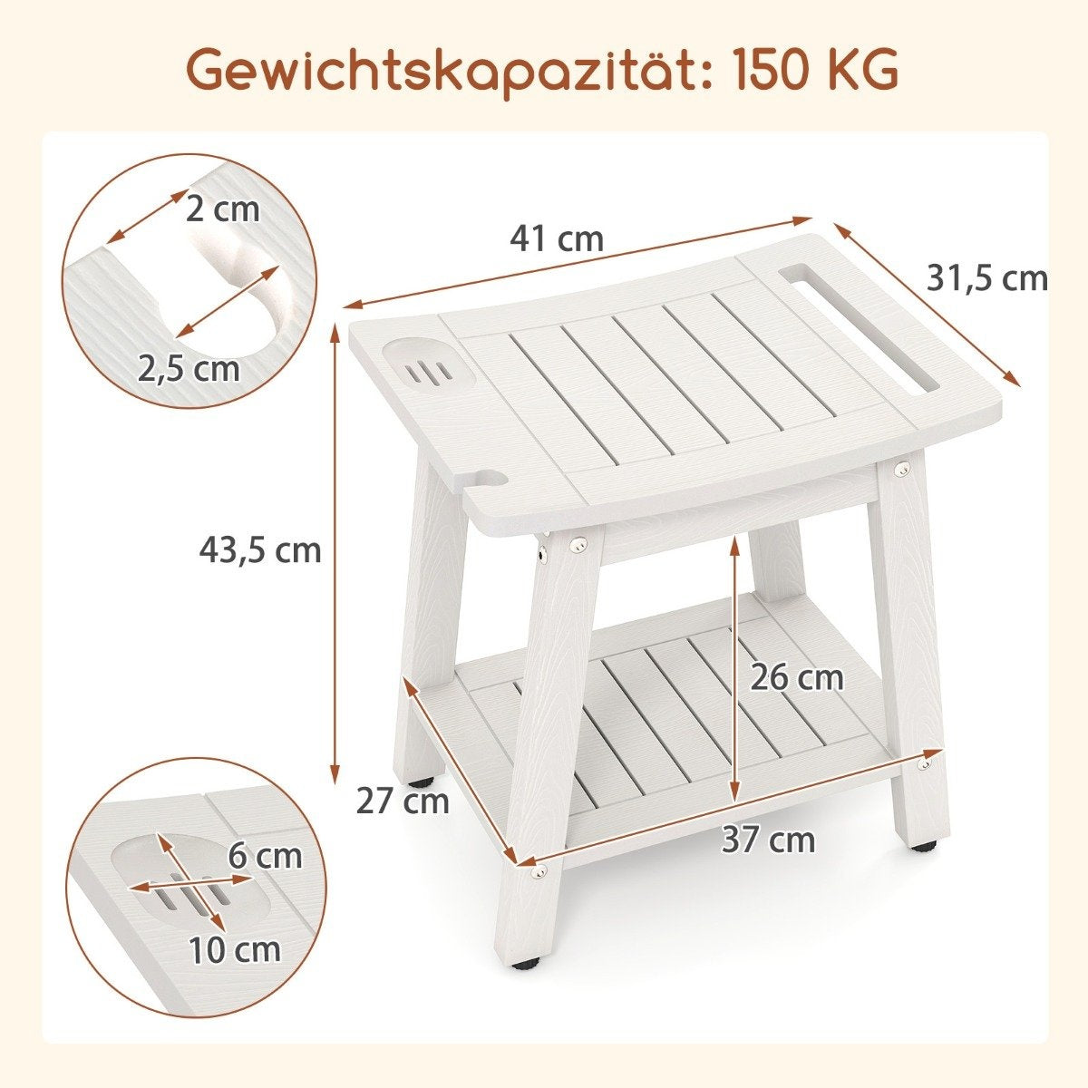 Waterproof Shower Stool with Handle & Shelf, 150kg Capacity