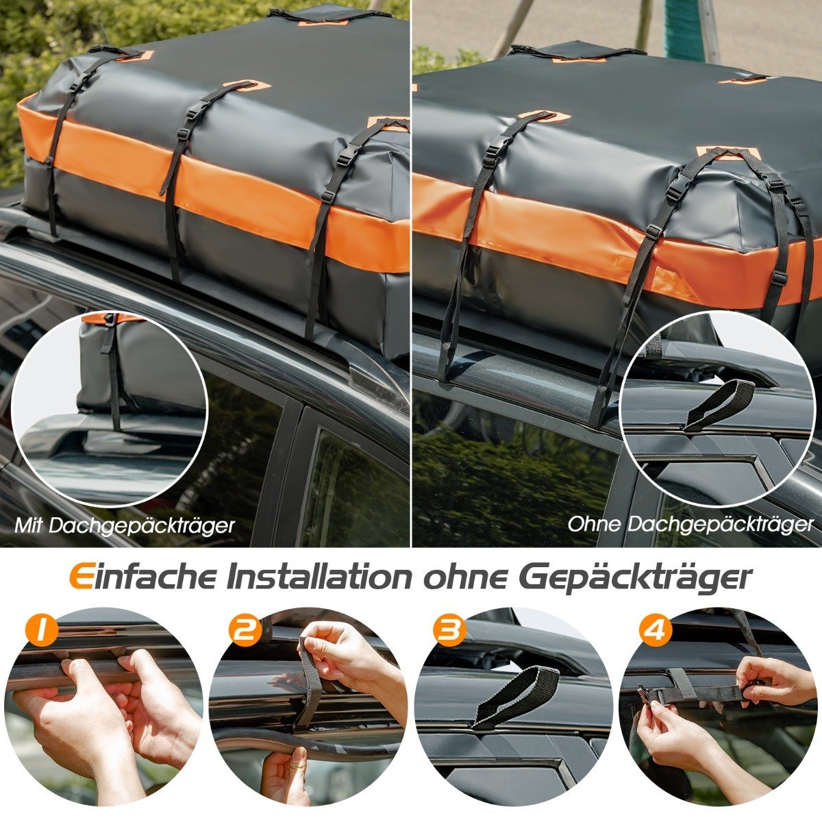 Waterproof roof box with 600 L capacity for all vehicles 132x100x43cm black+orange