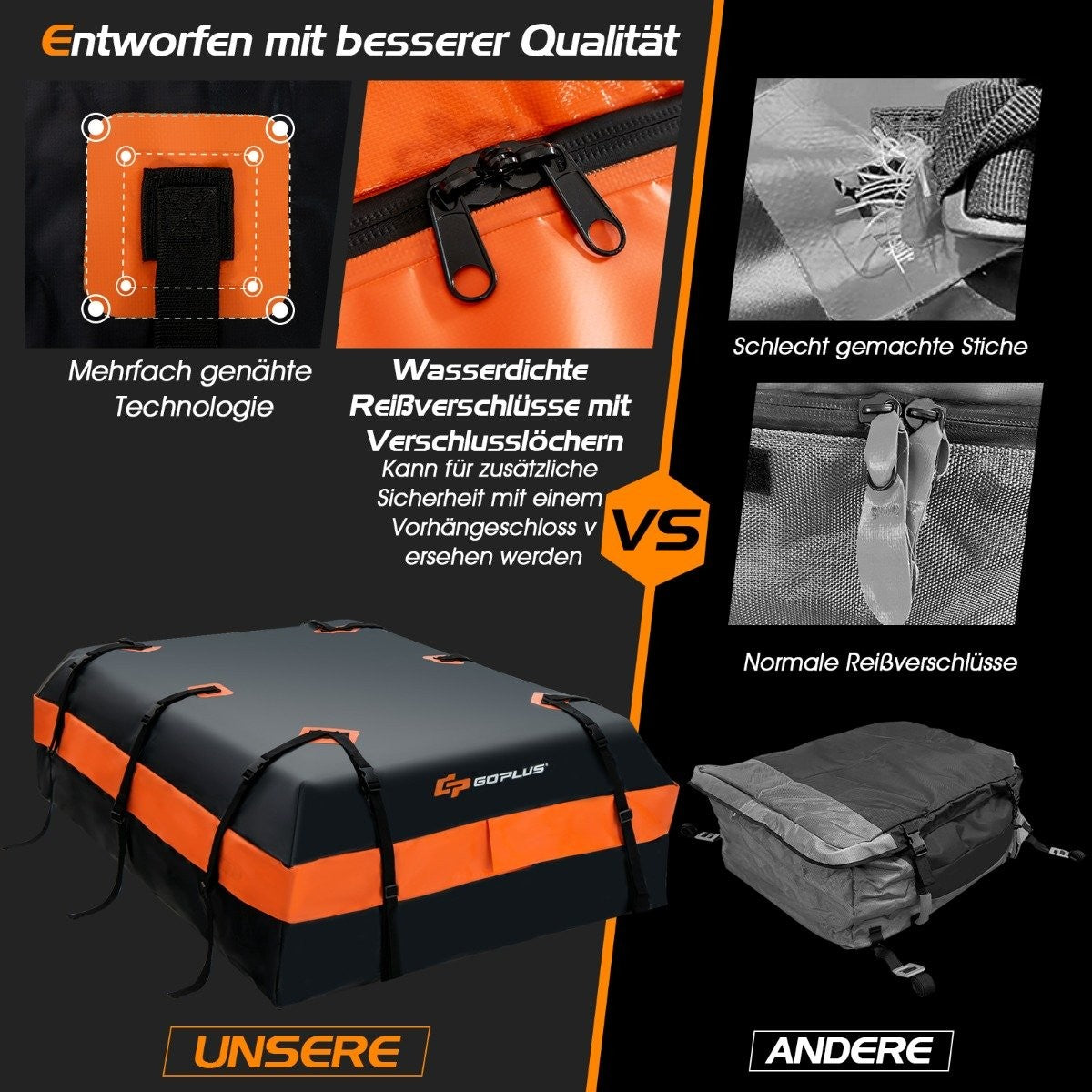 Waterproof roof box with 600 L capacity for all vehicles 132x100x43cm black+orange