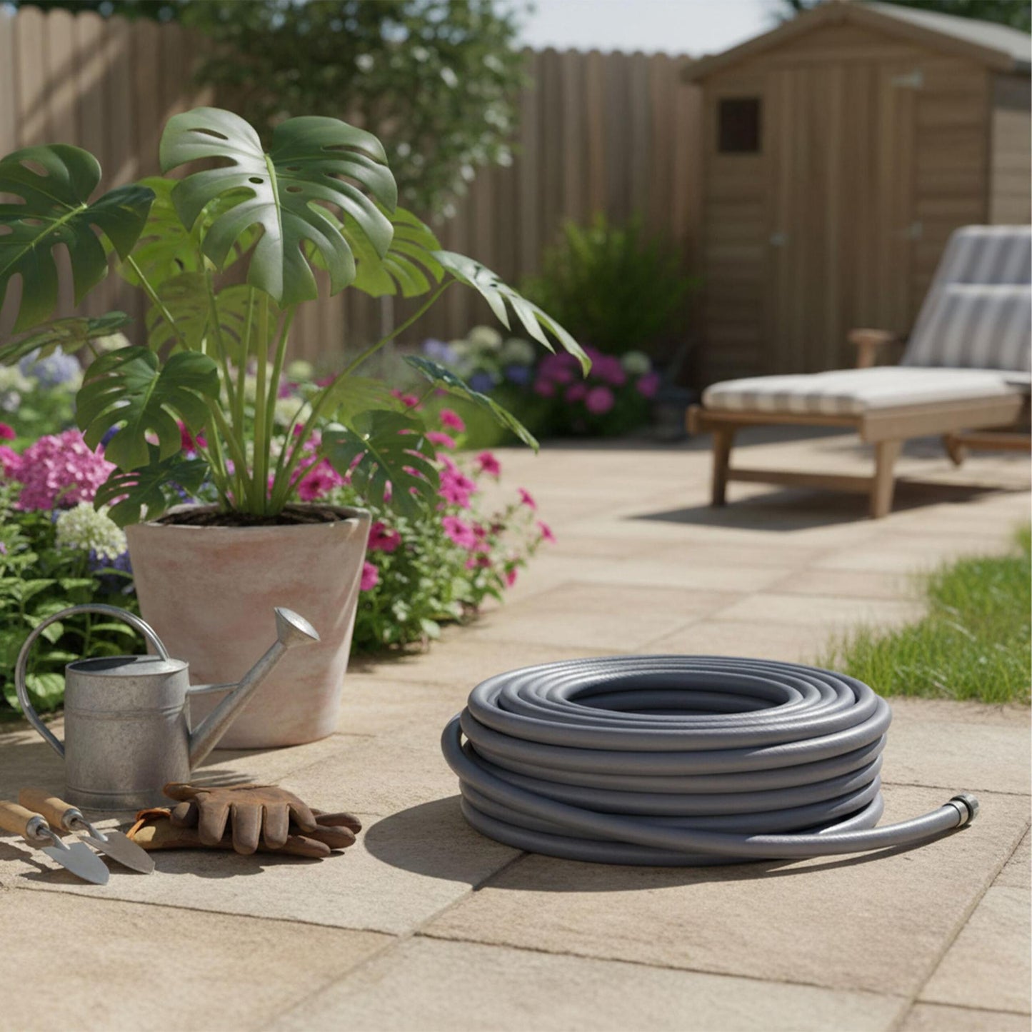 Weatherproof Fabric Garden Hose, UV-Resistant, Grey