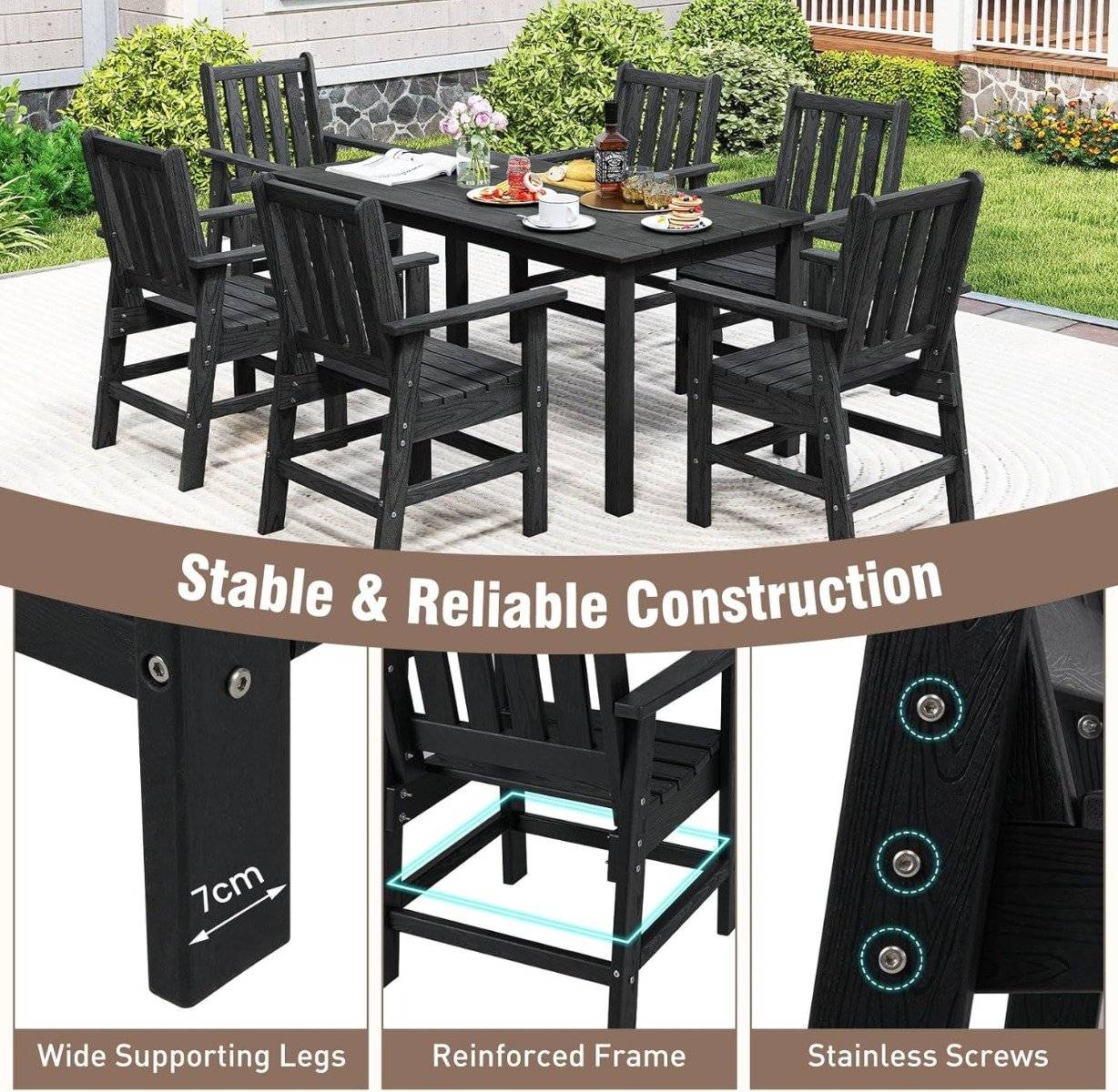 Weatherproof HDPE Outdoor Chair, Wood-Look, Black