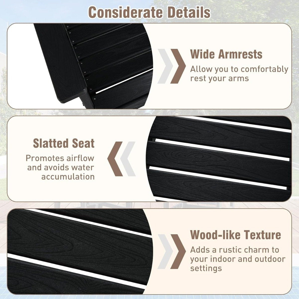 Weatherproof HDPE Outdoor Chair, Wood-Look, Black