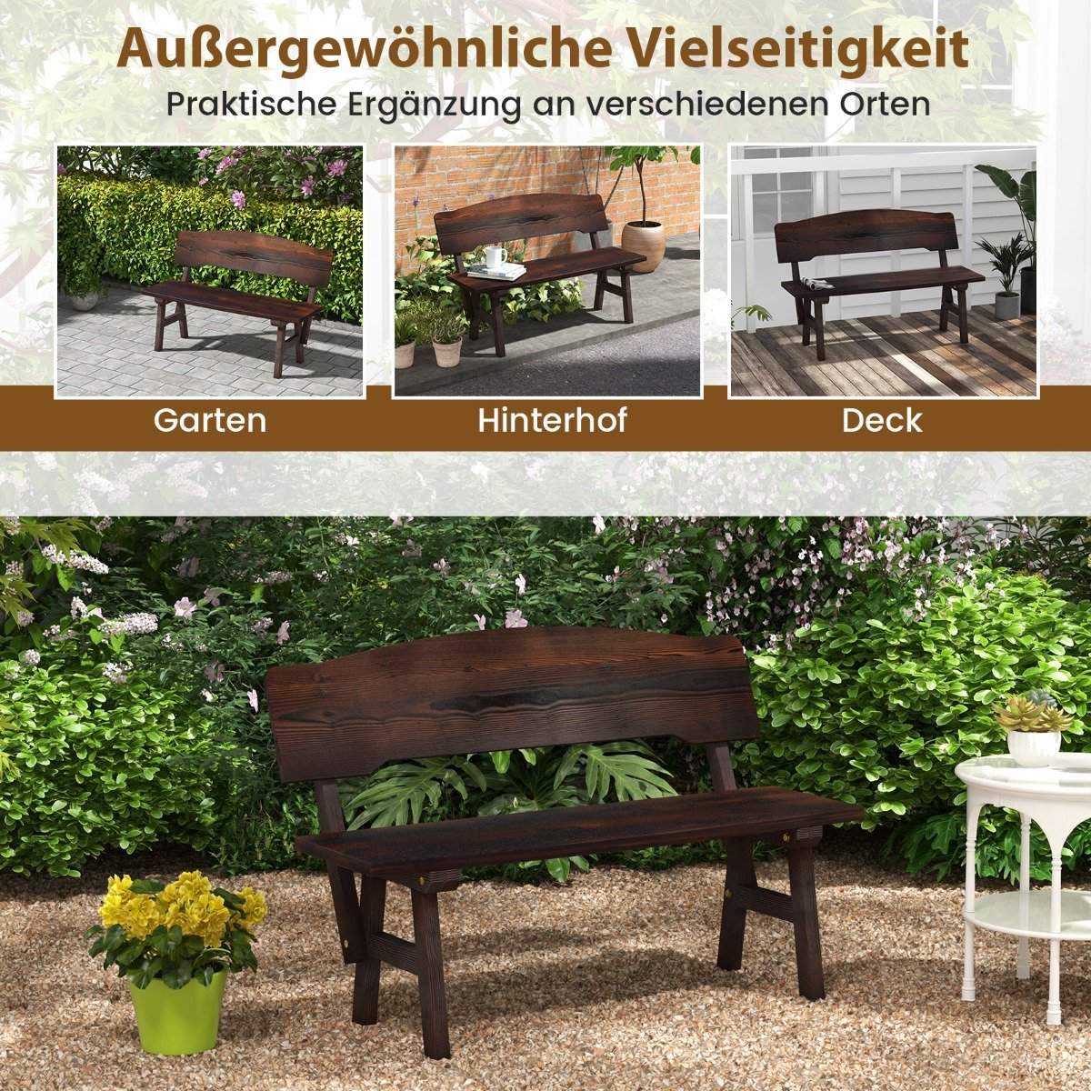 Weatherproof garden bench with backrest can hold up to 325 kg. Park bench seat 120 x 51 x 78 cm