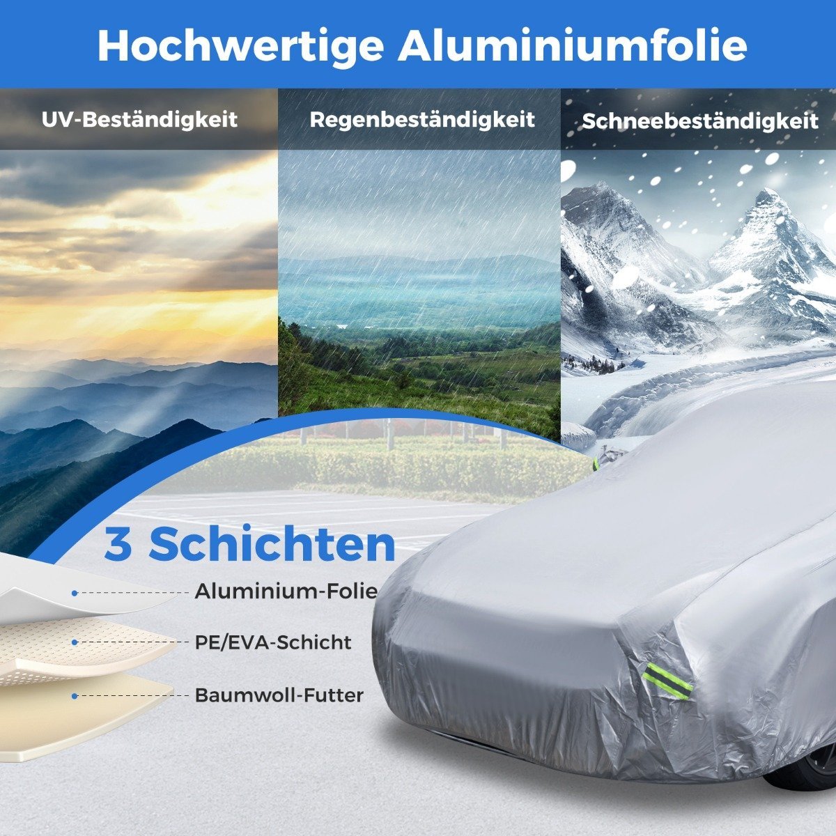 Weatherproof tarpaulin for vehicles car cover with zip door 431 x 160 x 115 cm silver