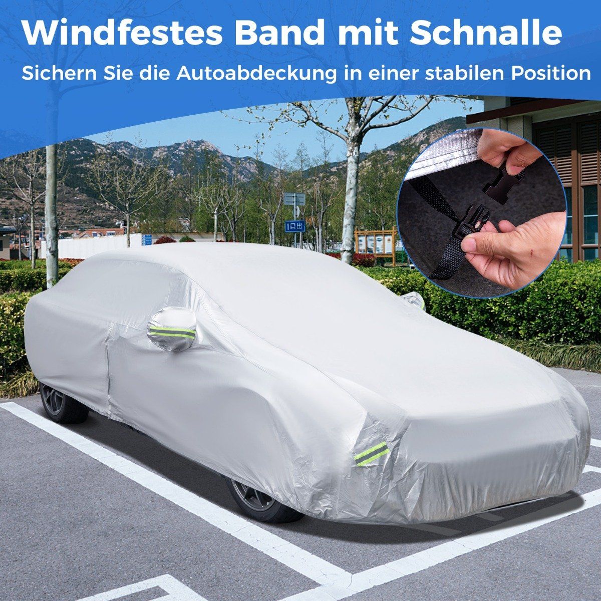Weatherproof tarpaulin for vehicles car cover with zip door 431 x 160 x 115 cm silver