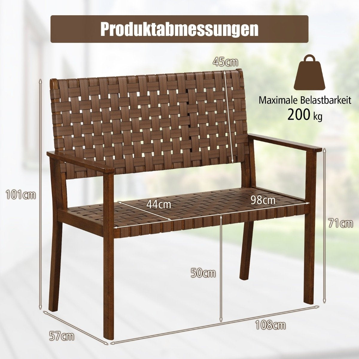 Weatherproof wooden garden bench with backrest & armrest & hand-woven faux leather park bench