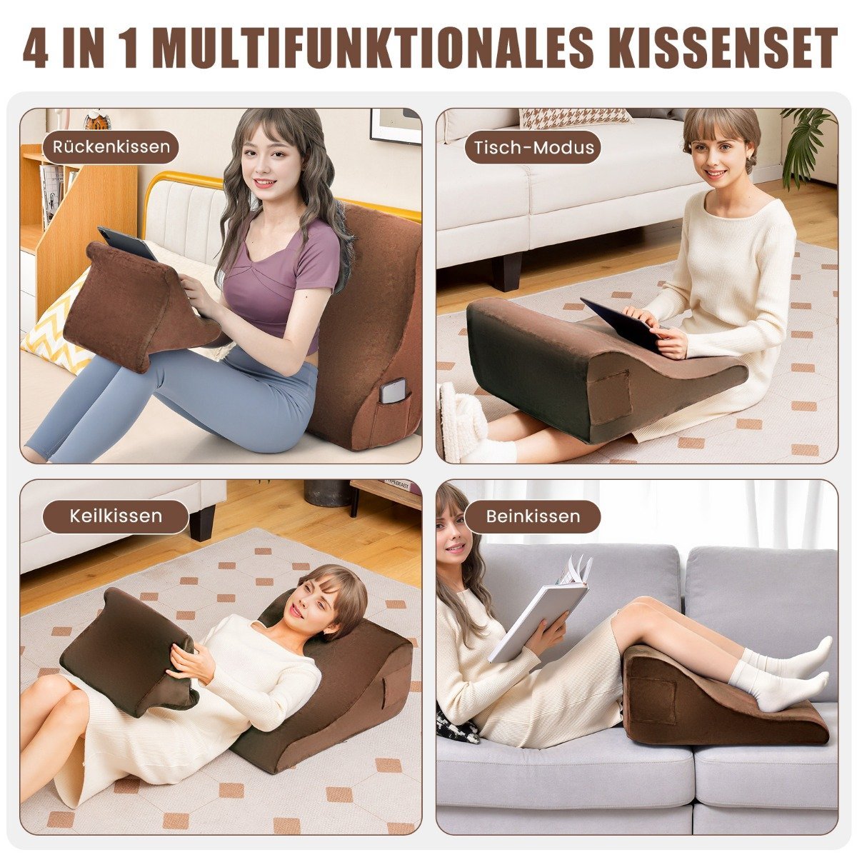 Wedge pillow set ergonomic back pillow with side pockets and washable cover support pillow for neck 47.5 x 23.5 x 54 cm brown