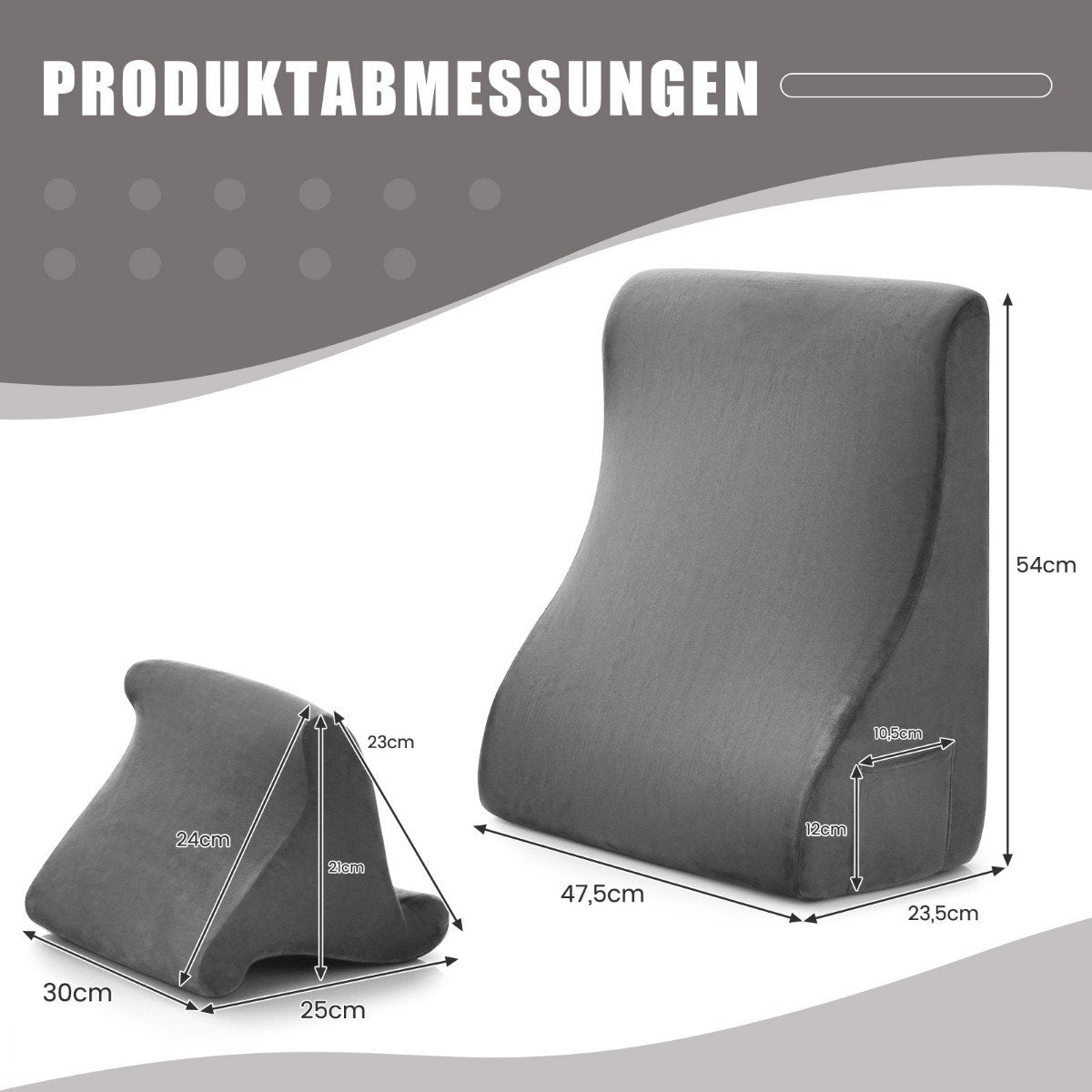 Wedge pillow set ergonomic back pillow with side pockets and washable cover support pillow for neck 47.5 x 23.5 x 54 cm gray