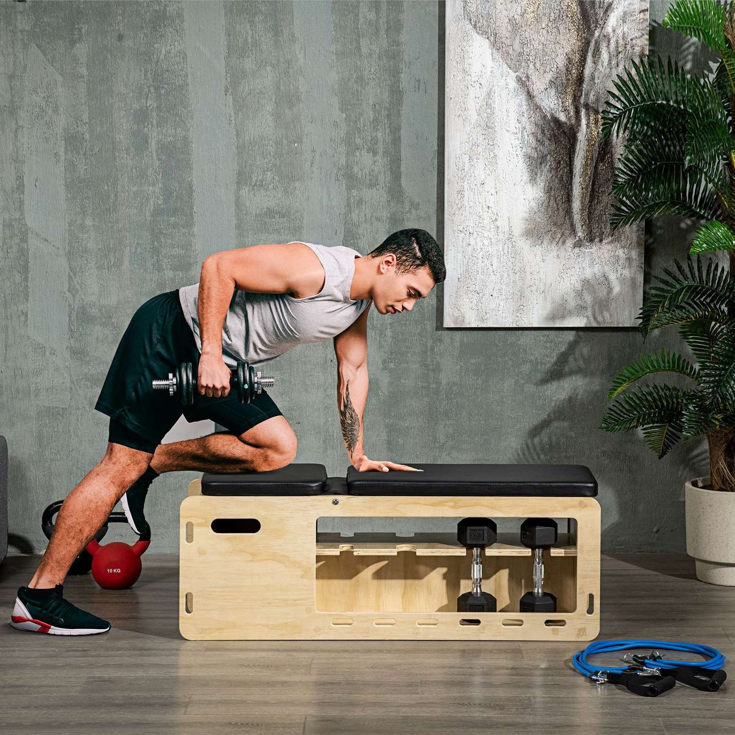 Adjustable weight bench with storage box, resistance band