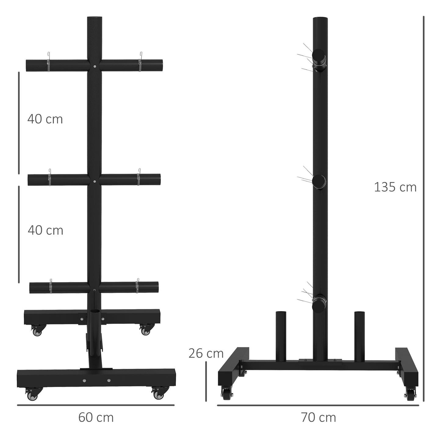 Weight plate rack with wheels - 6 bar, steel, 200 kg capacity