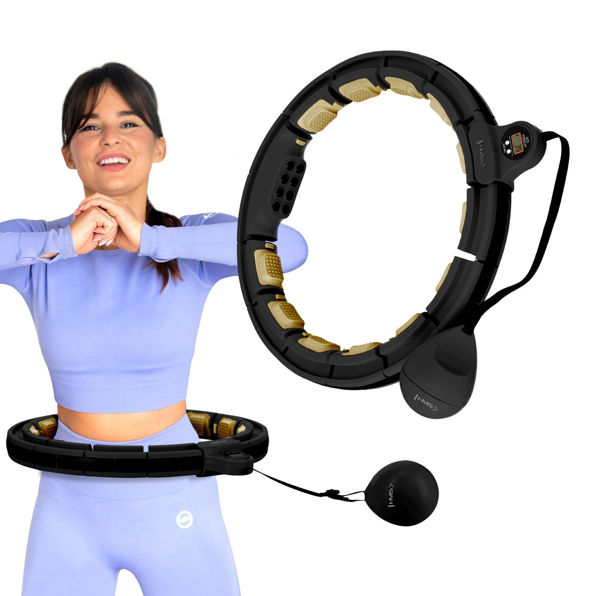 Weighted Hula Hoop with Counter & Waist Support, Black/Gold