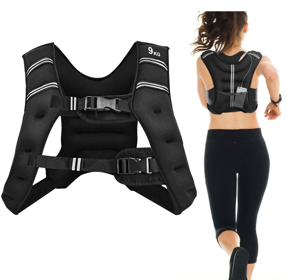 Weighted Training Vest, 9kg, Adjustable, Reflective Straps