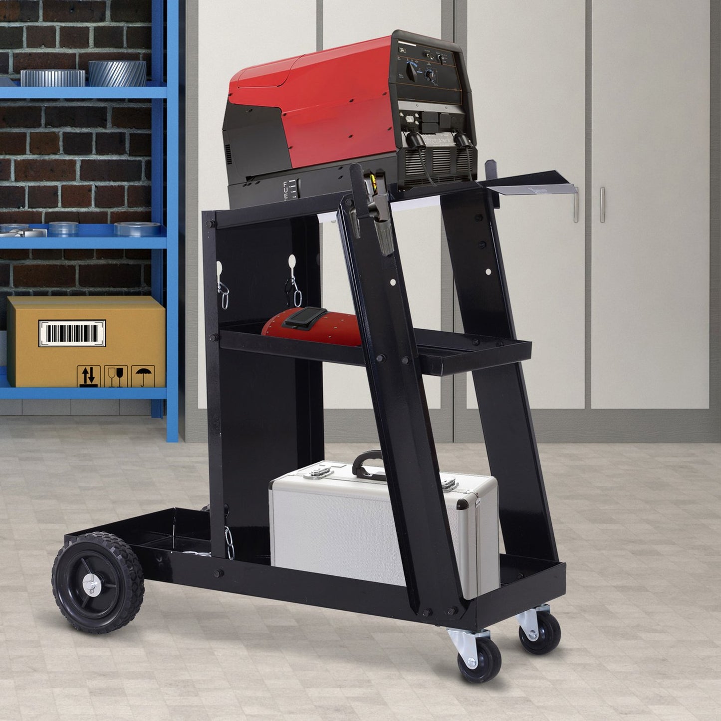Welding trolley with 3 shelves and safety chain, black