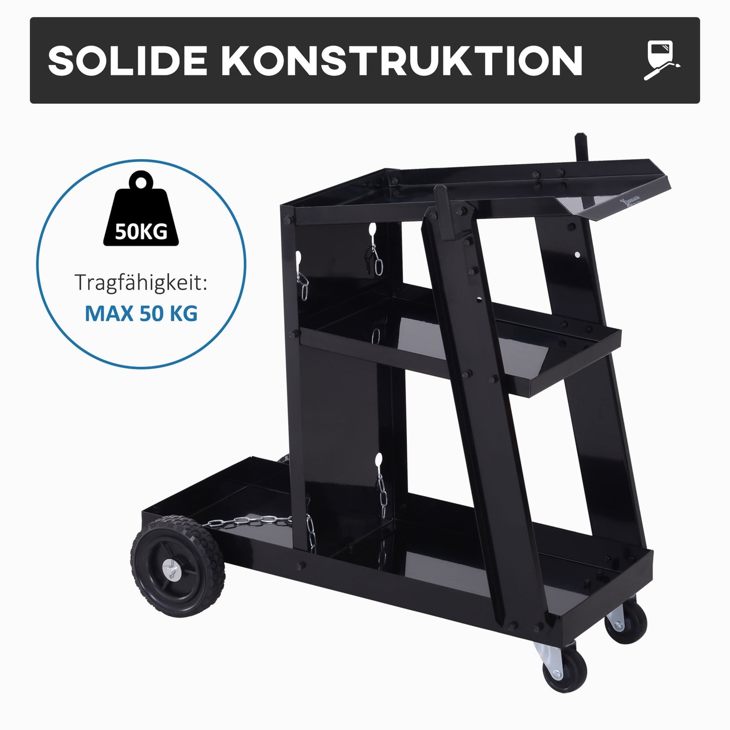 Welding trolley with 3 shelves and safety chain, black