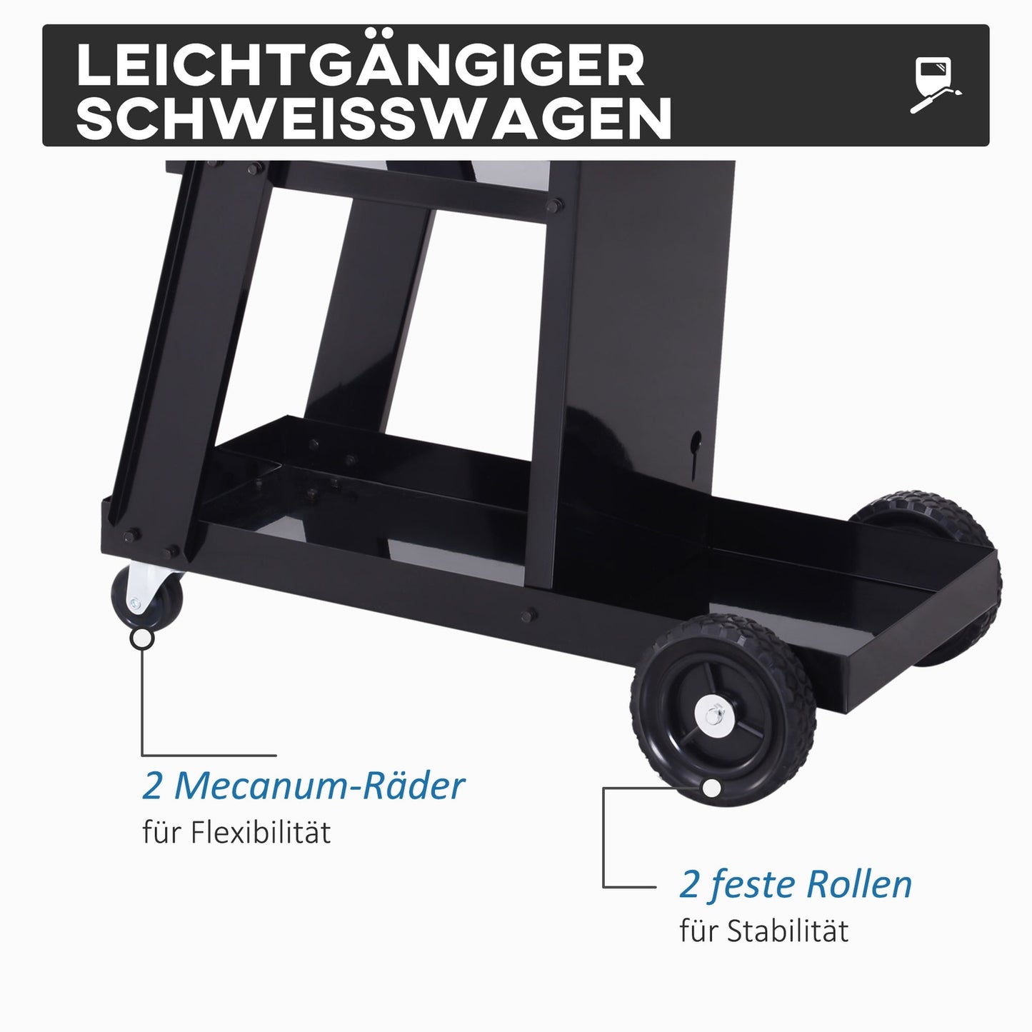 Welding trolley with 3 shelves and safety chain, black