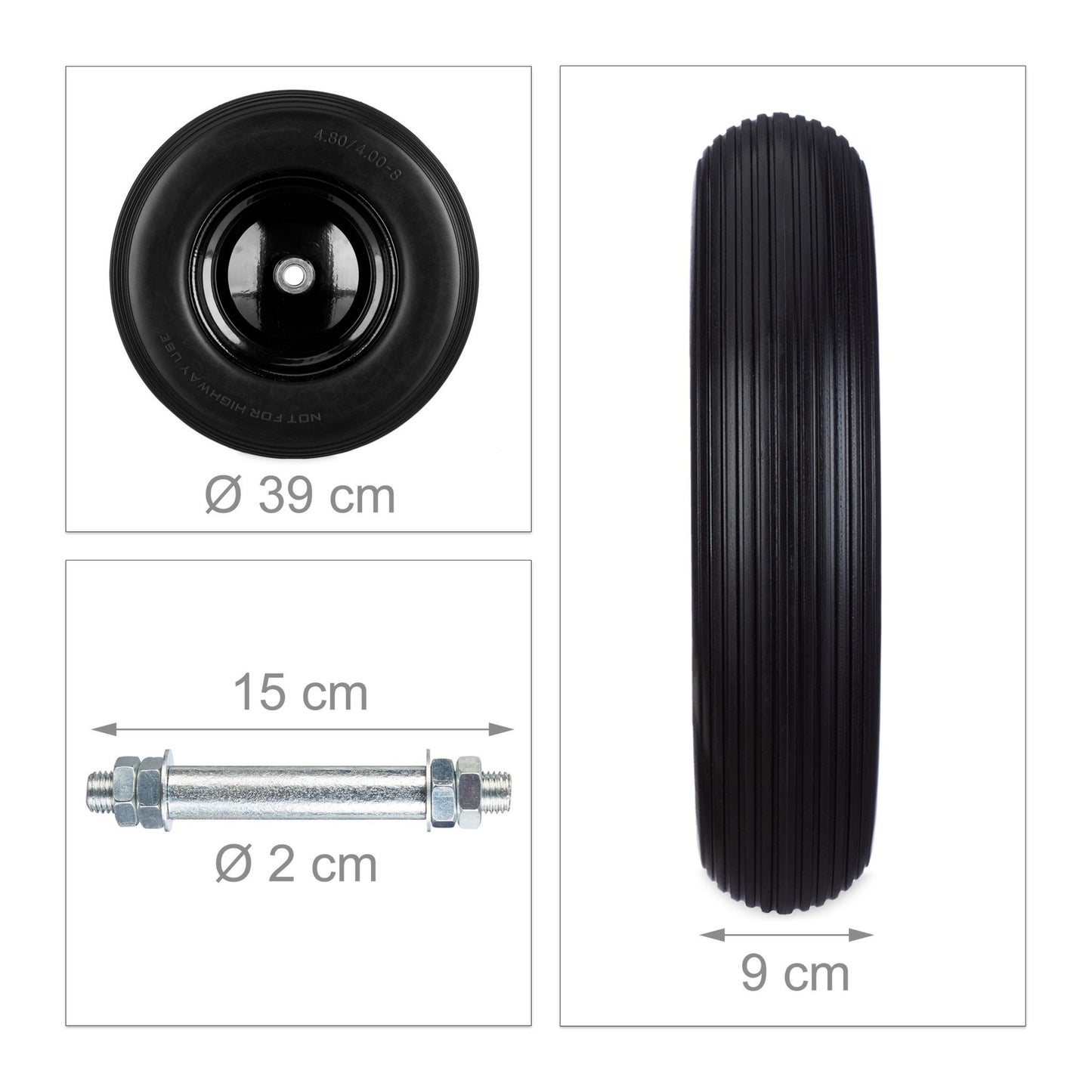 Wheelbarrow wheel made of solid rubber with axle