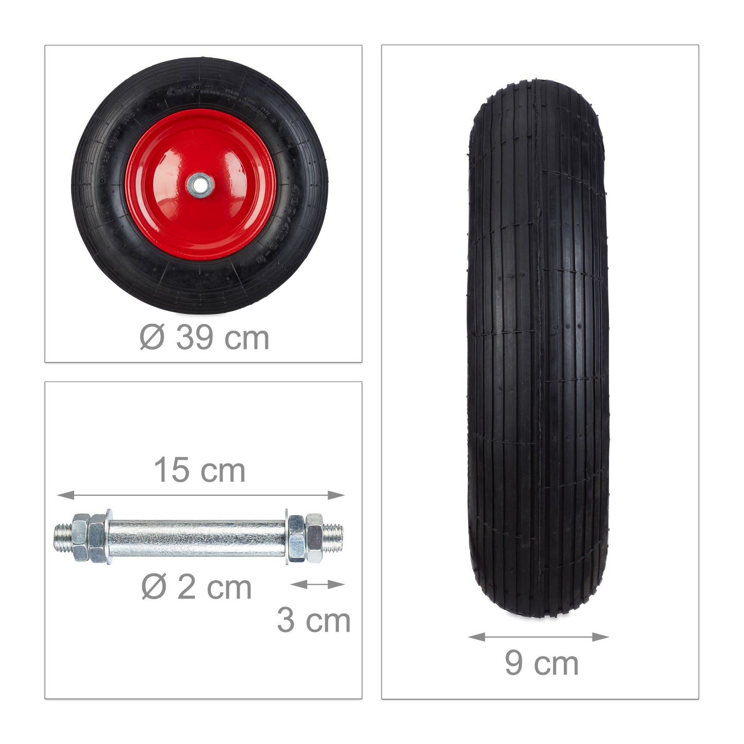 Wheels for wheelbarrow with pneumatic tires and axle