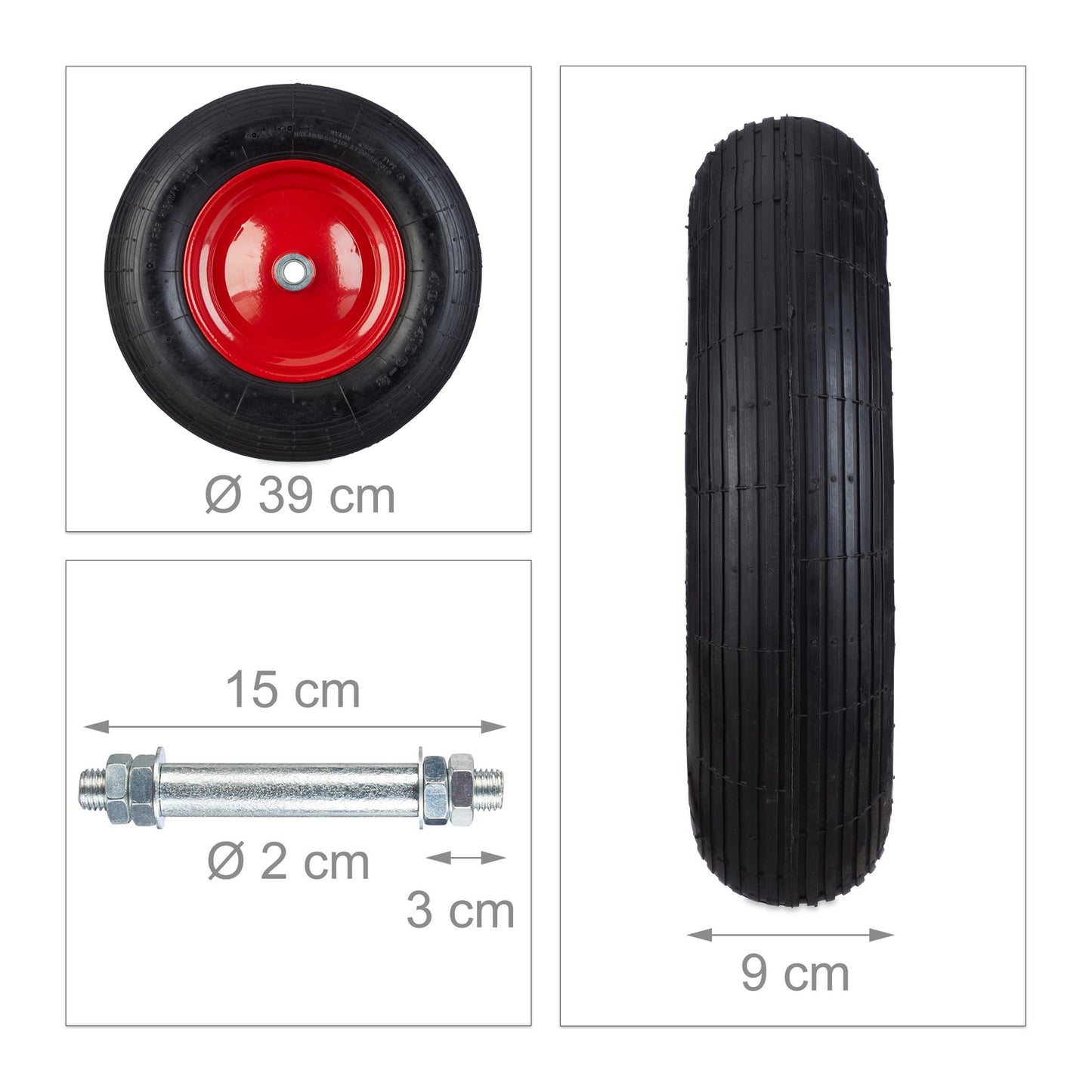 Wheels for wheelbarrow with pneumatic tires and axle