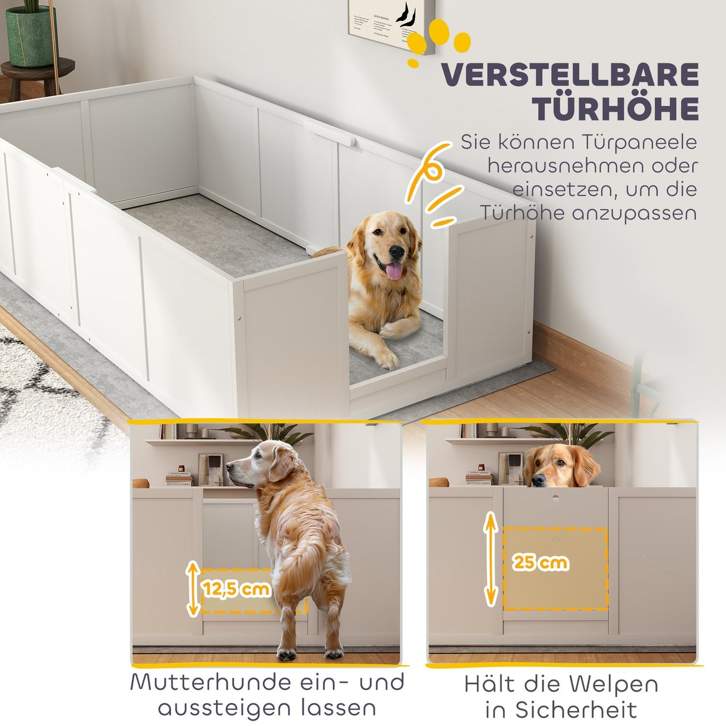 Puppy crate with adjustable entrances, non-slip spruce wood