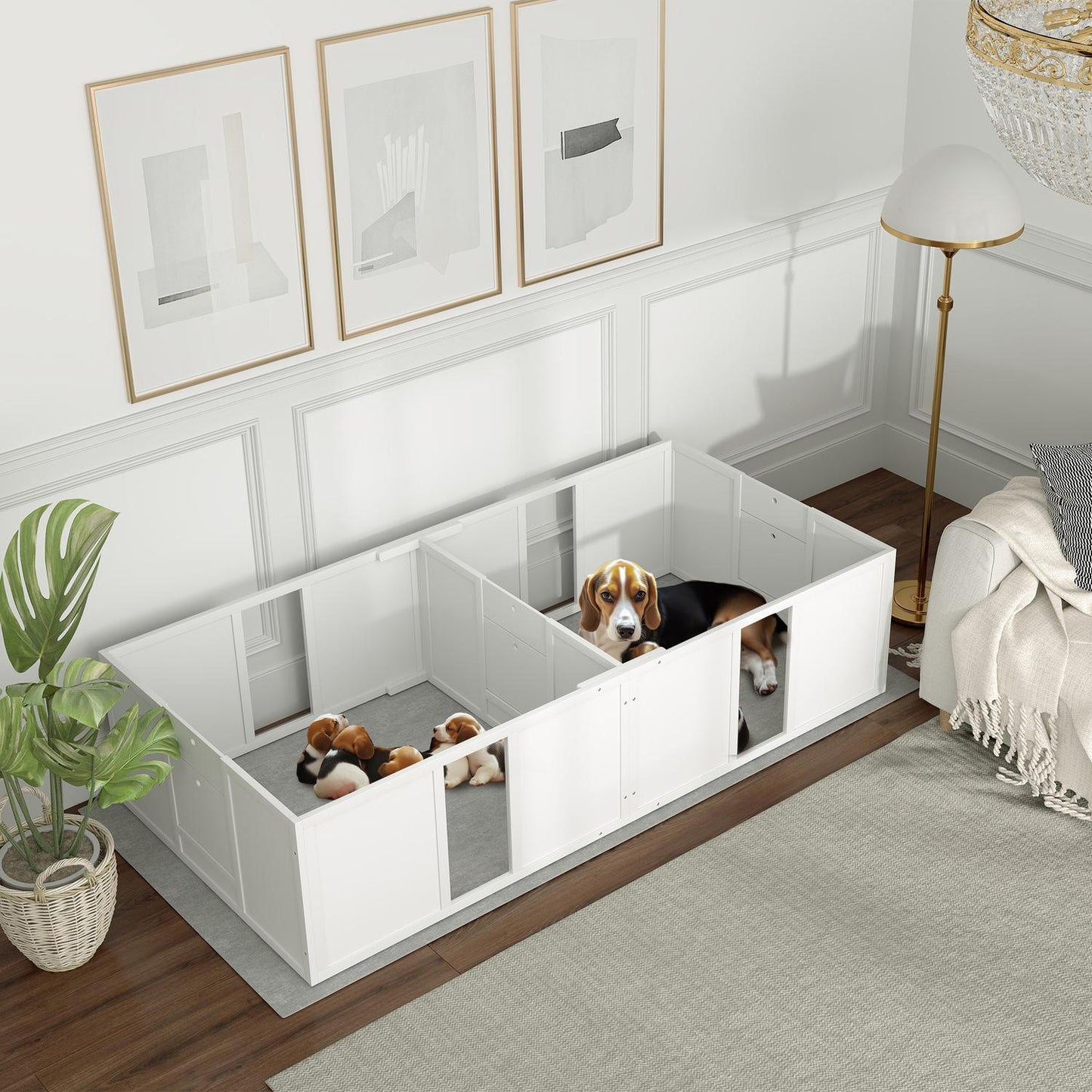 Wooden puppy crate with non-slip floor, adjustable, 196x96x48 cm