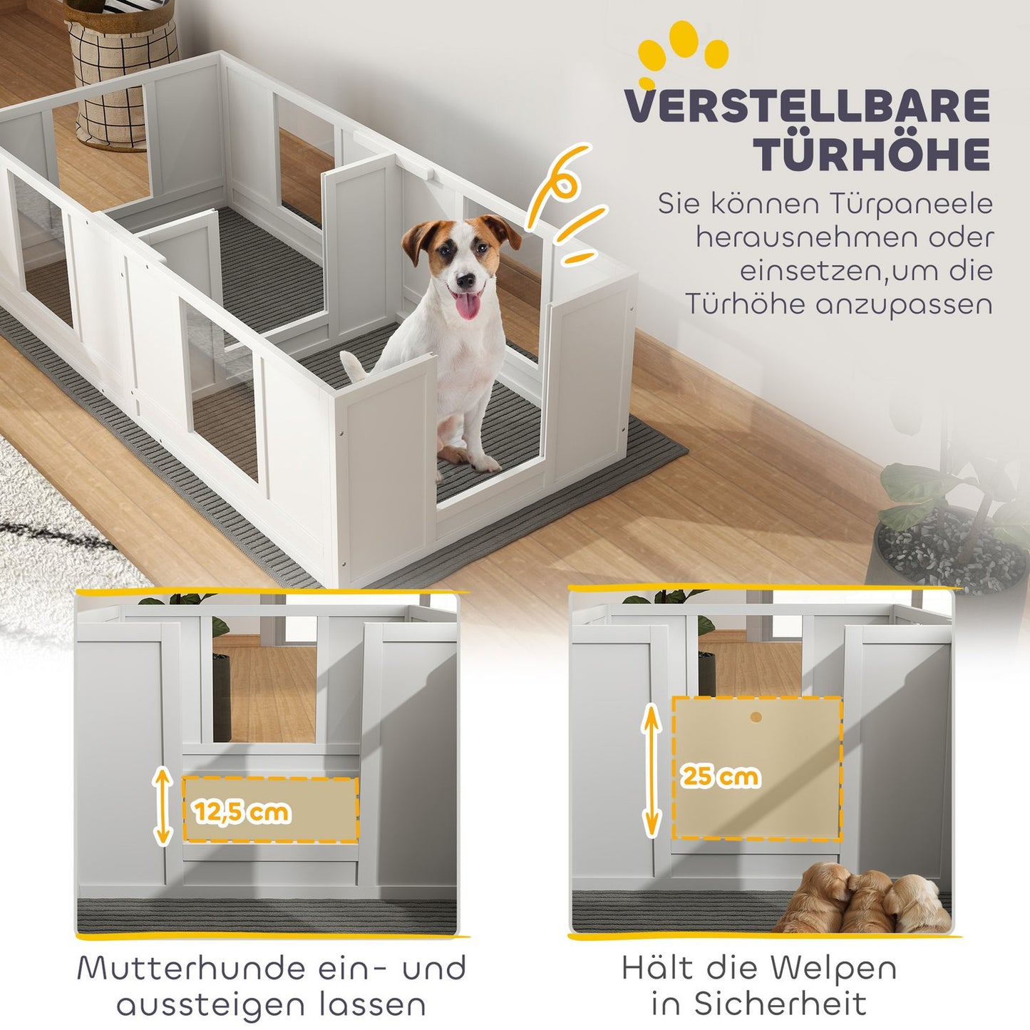 Puppy cage with washable mat and adjustable door, white