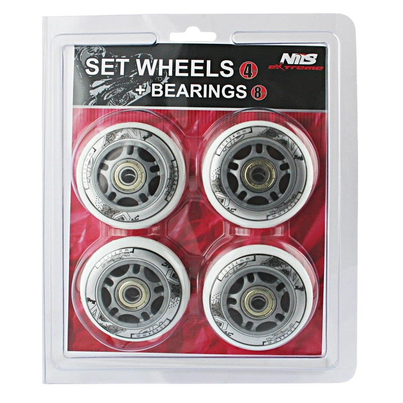 White 70x24mm 82A Wheels (4) + ABEC-7 Bearings (8) Set