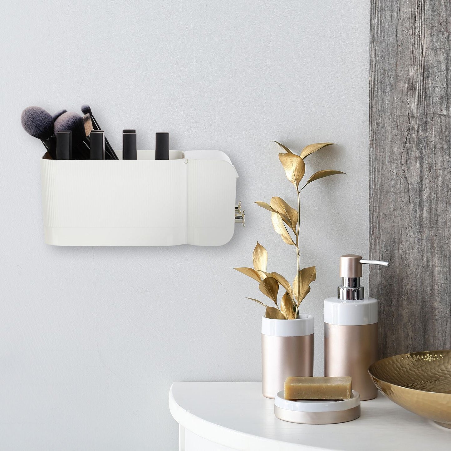 White Adhesive Bathroom Cosmetics Organizer, 4 Compartments