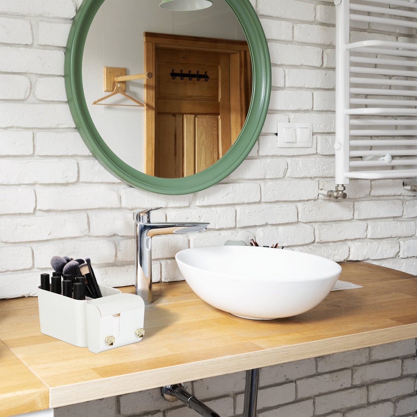 White Adhesive Bathroom Cosmetics Organizer, 4 Compartments