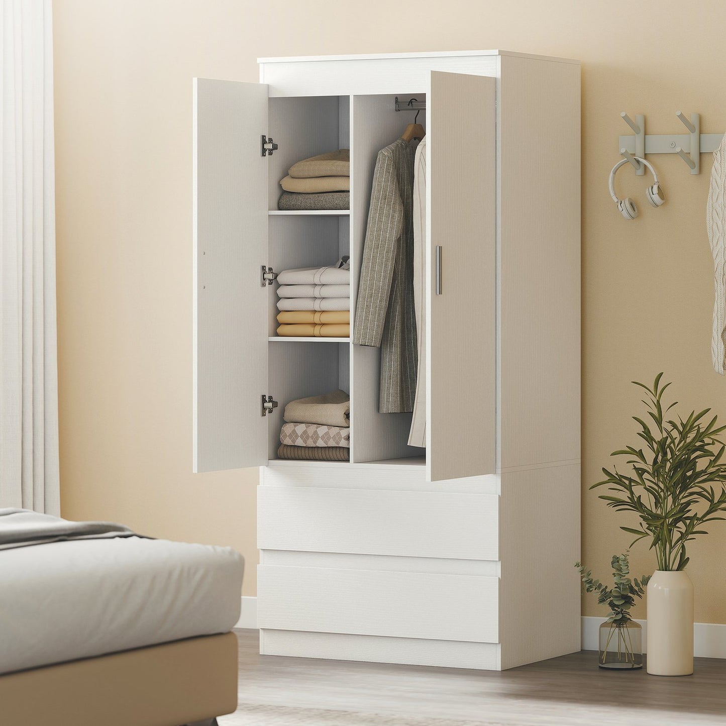 White Bedroom Wardrobe – 2 Doors, 2 Drawers, 3 Shelves