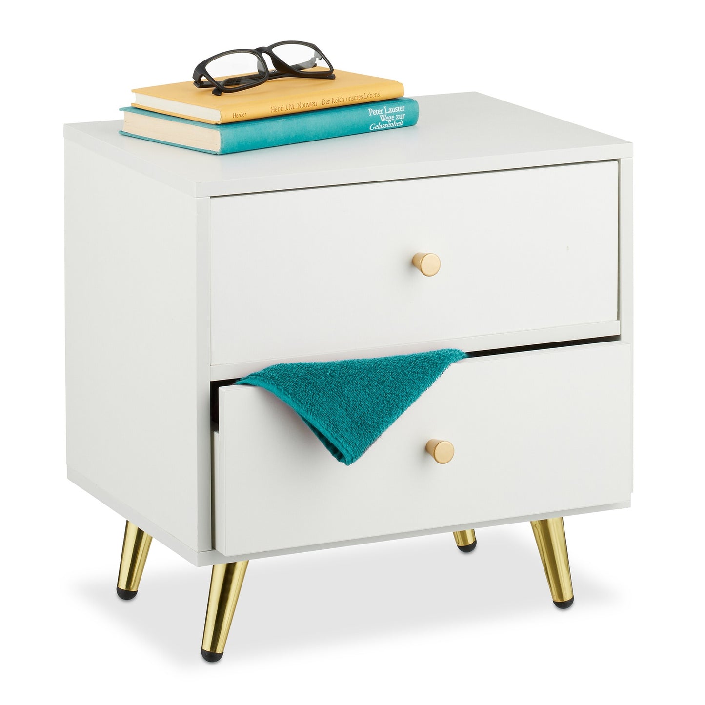 White Bedside Table with Gold Legs and 2 Drawers