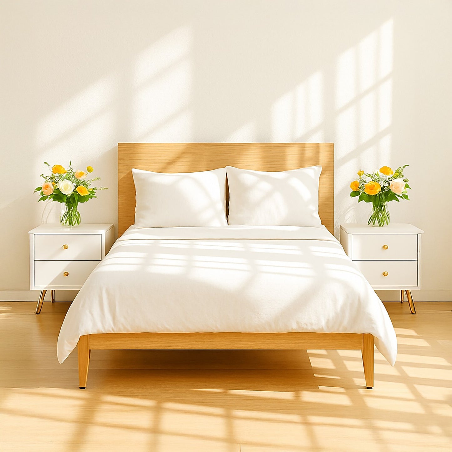 White Bedside Table with Gold Legs and 2 Drawers