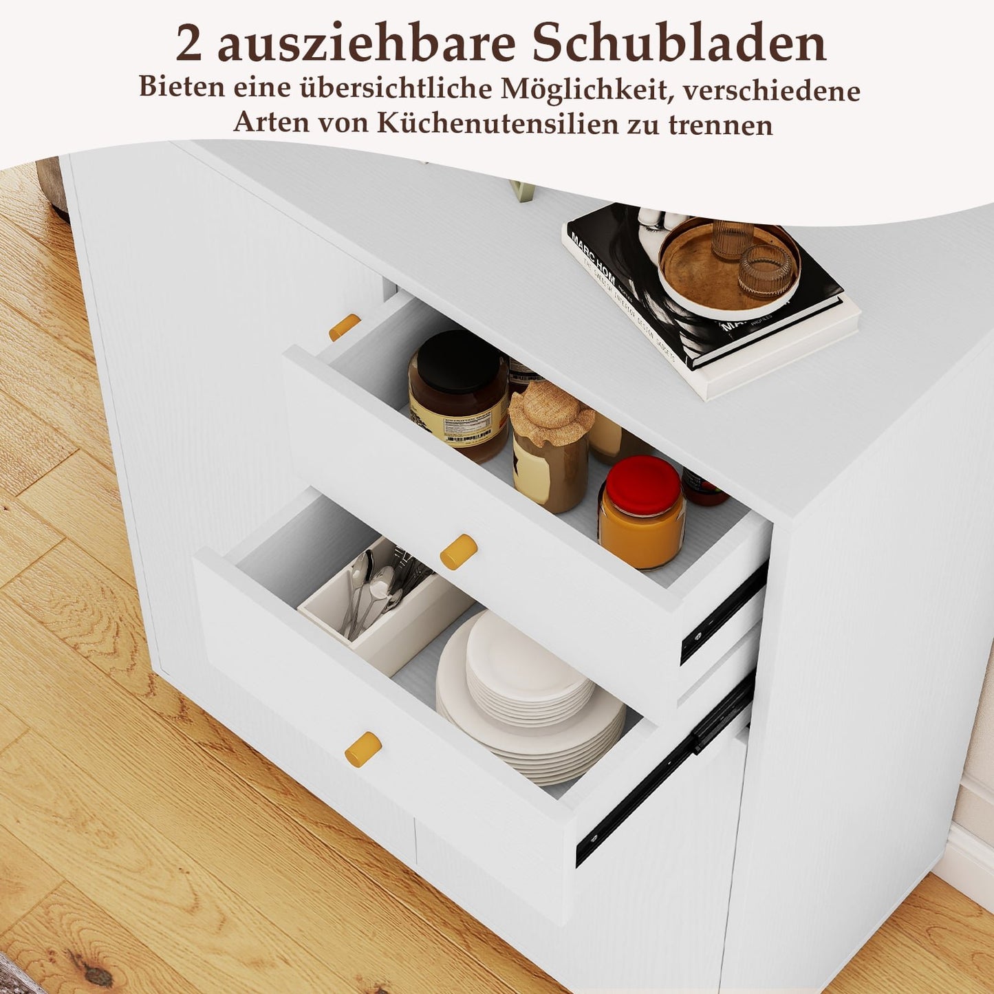 White Buffet Cabinet with 2 Drawers & Adjustable Shelves