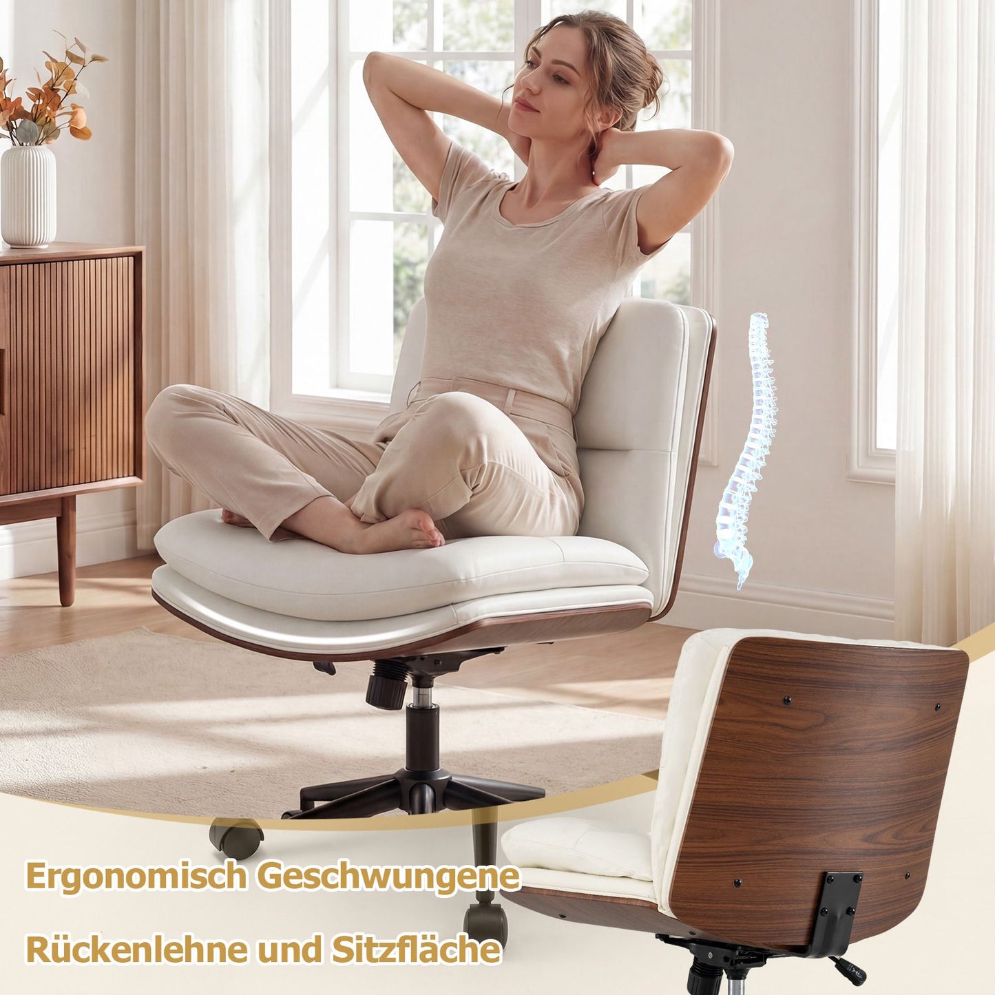 White Ergonomic Office Chair, Adjustable Height, No Armrests