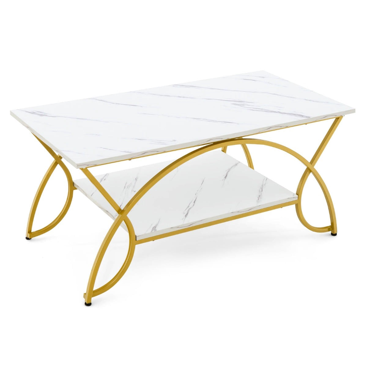 White Faux Marble Coffee Table, 2-Tier, Gold Legs, 100x50x45 cm