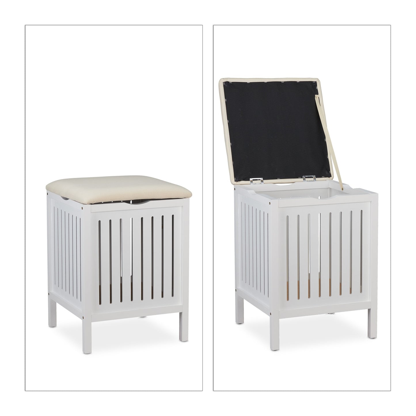 White Laundry Basket Stool with Cushion Seat