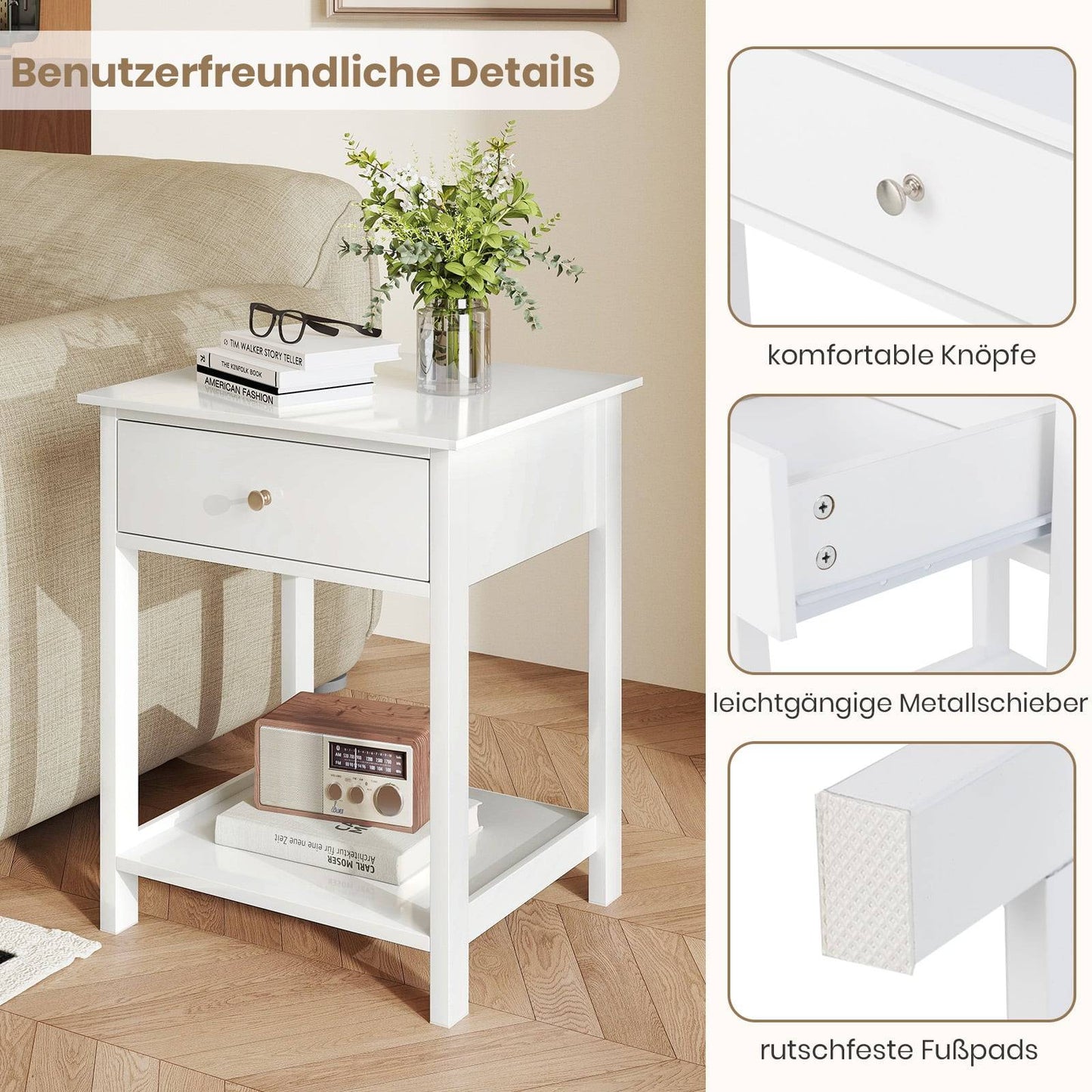White Nightstand with Drawer & Open Shelf – 48x40x58 cm