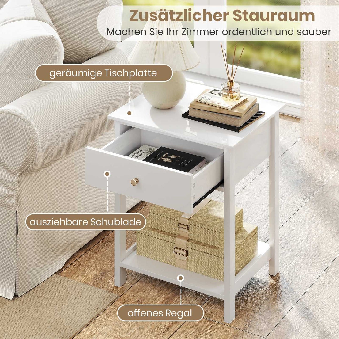 White Nightstand with Drawer & Open Shelf – 48x40x58 cm