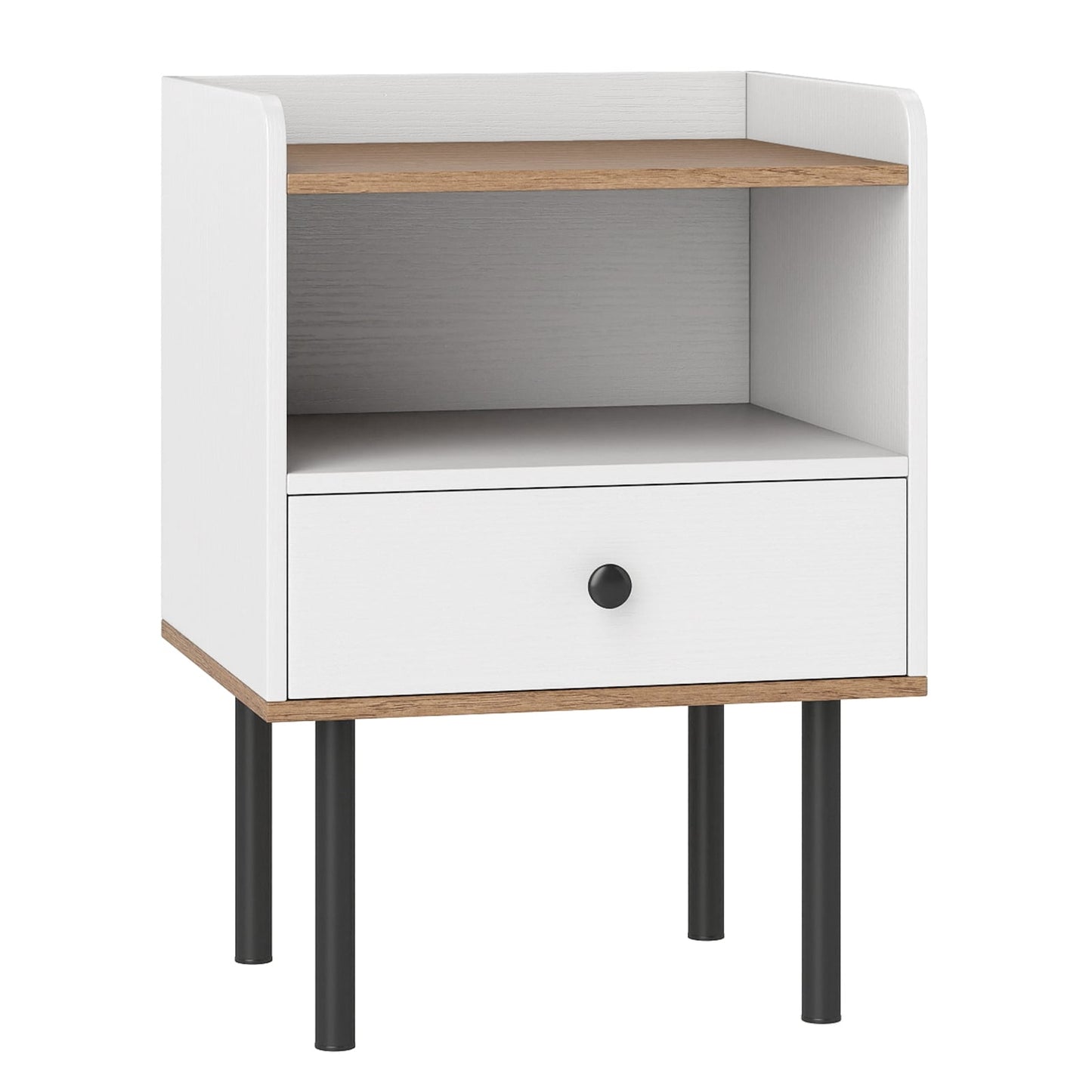 White Nightstand with Drawer & Open Shelf, Metal Legs