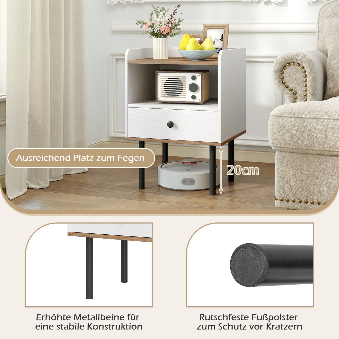 White Nightstand with Drawer & Open Shelf, Metal Legs