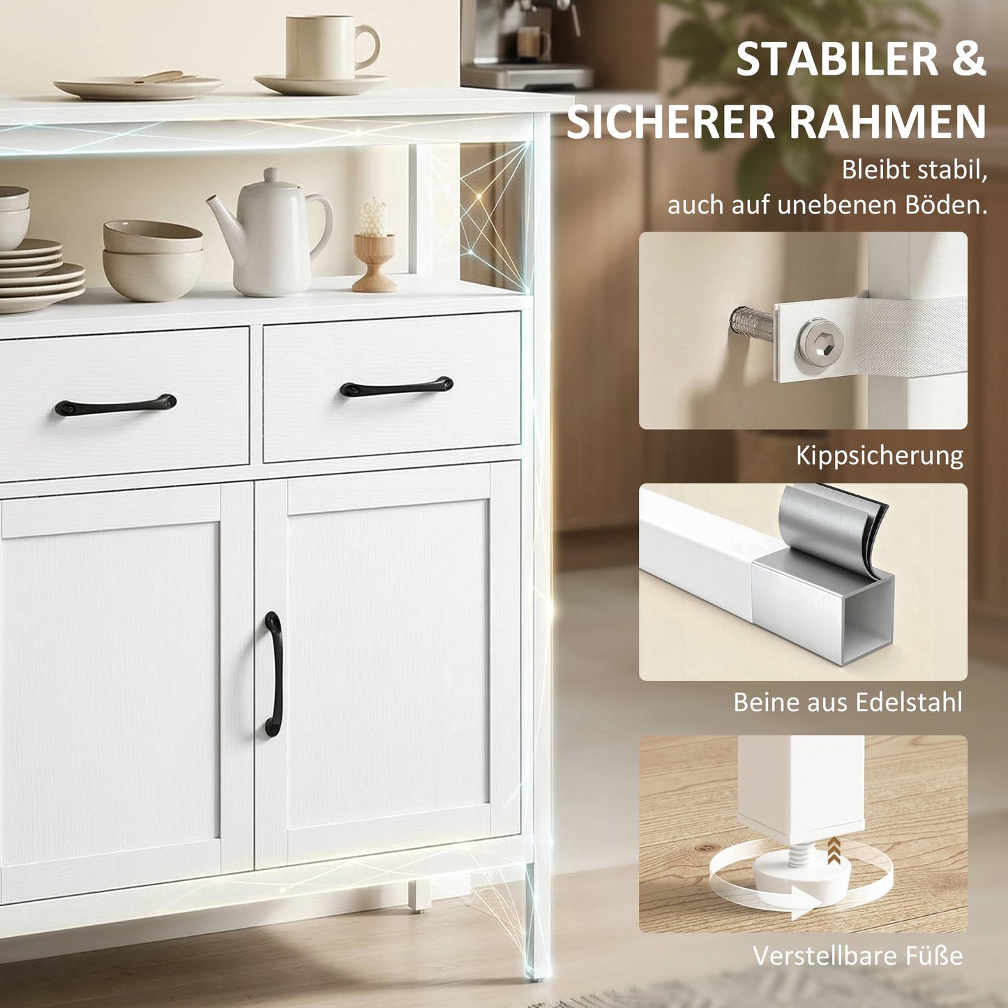 White Sideboard with Adjustable Shelves and 3 Drawers