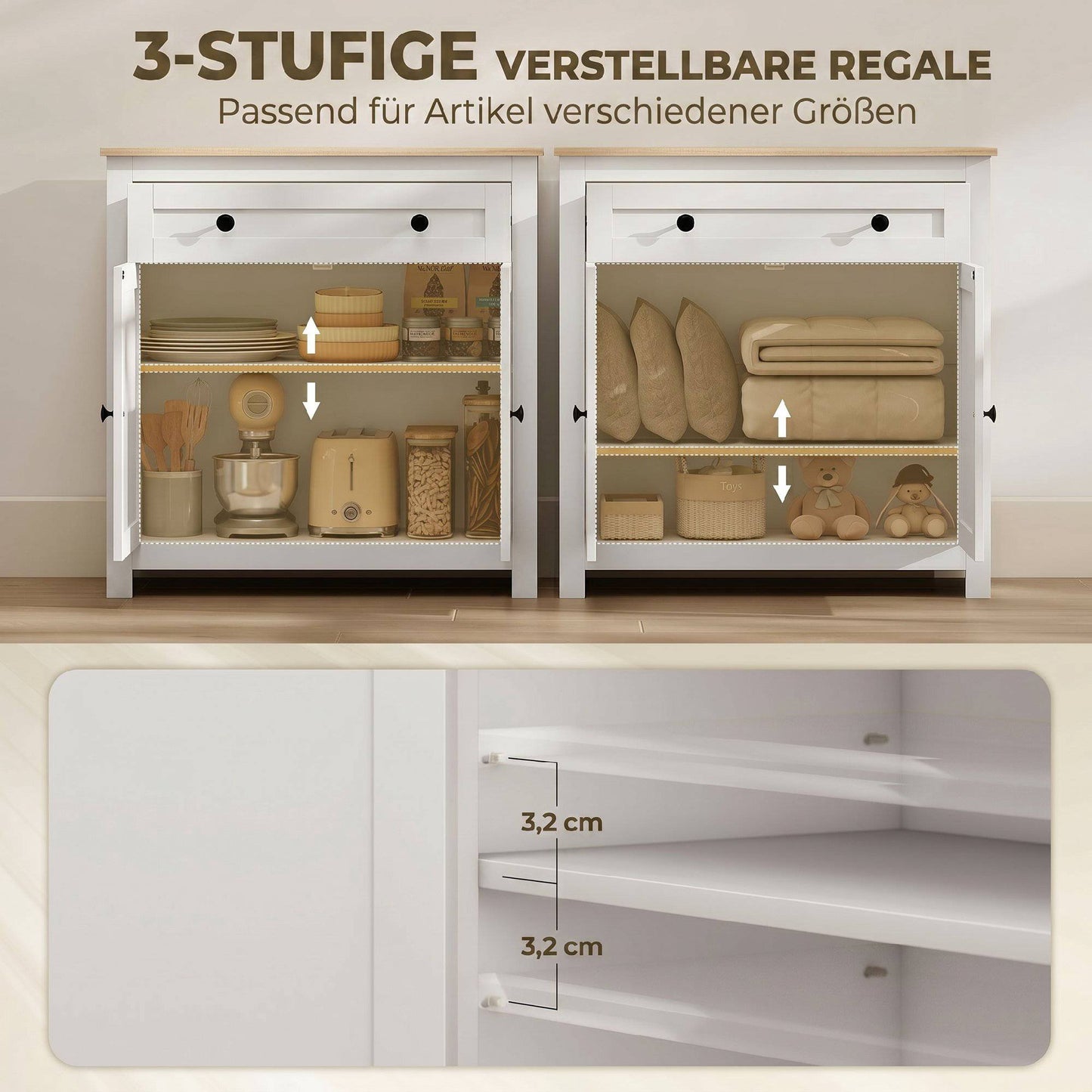 White Sideboard with Drawer and Adjustable Shelf, 78.5x35x80 cm