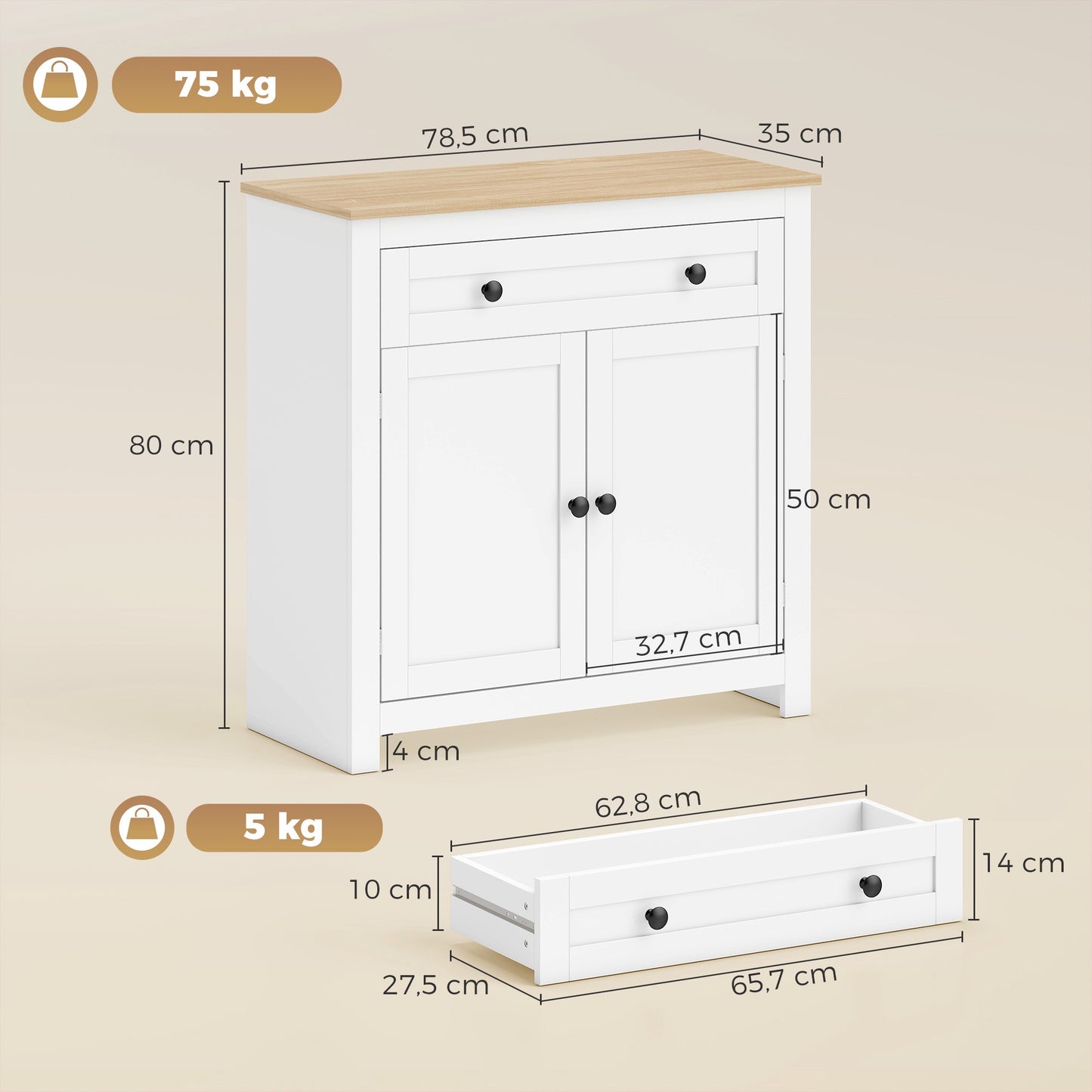 White Sideboard with Drawer and Adjustable Shelf, 78.5x35x80 cm